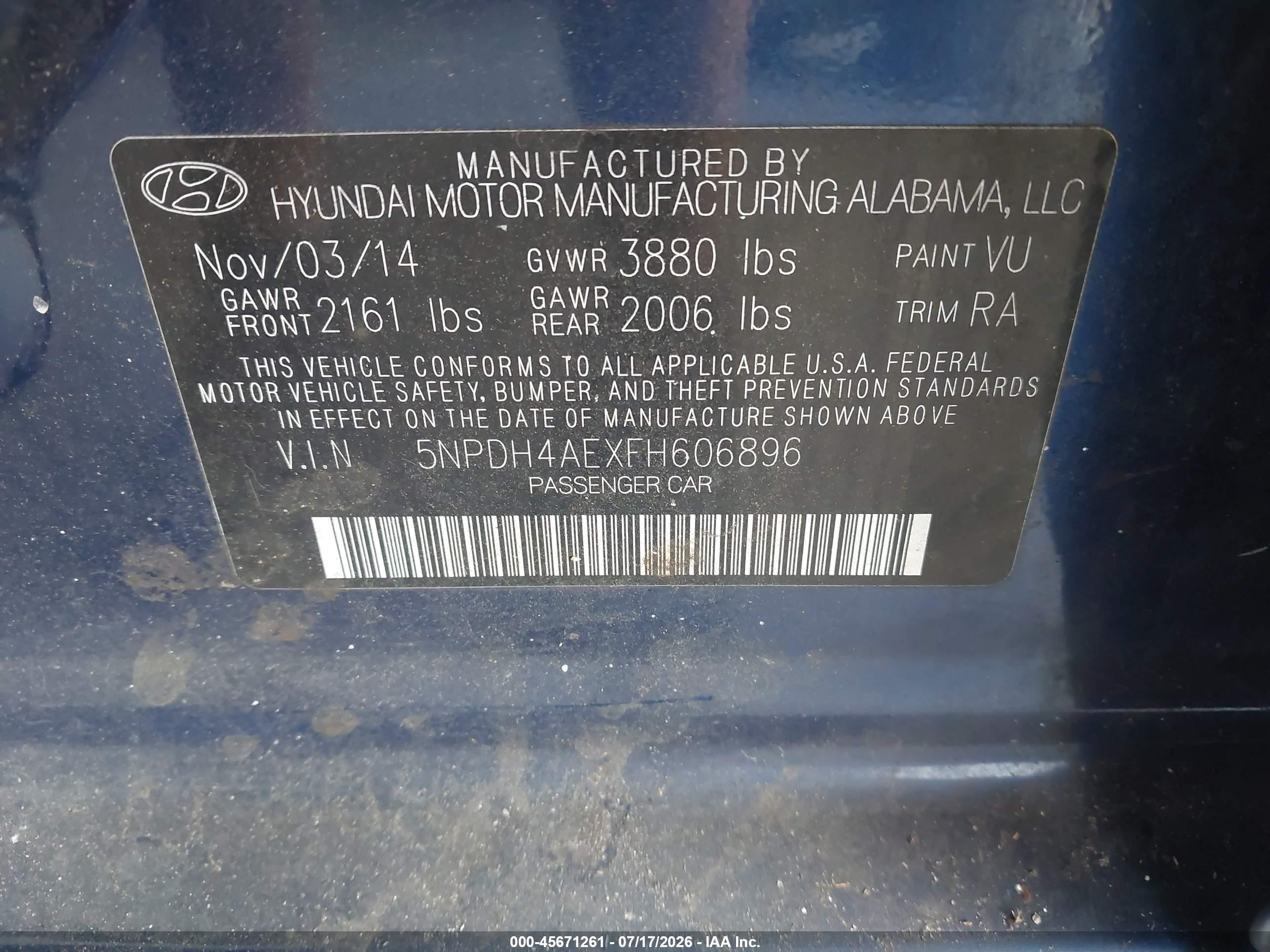 2015 Hyundai Elantra Se Blue vin: 5NPDH4AEXFH606896