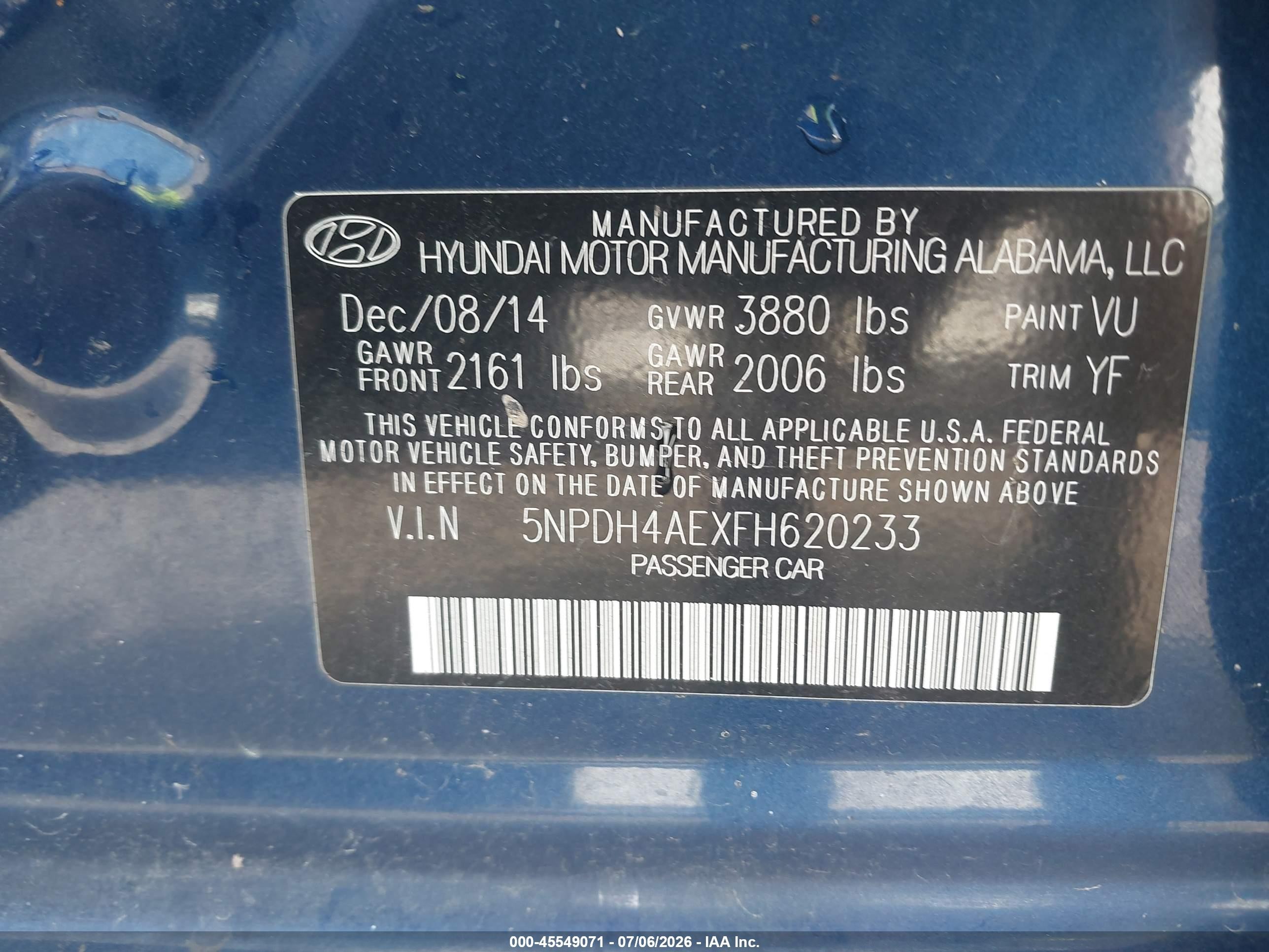 2015 Hyundai Elantra Se Blue vin: 5NPDH4AEXFH620233