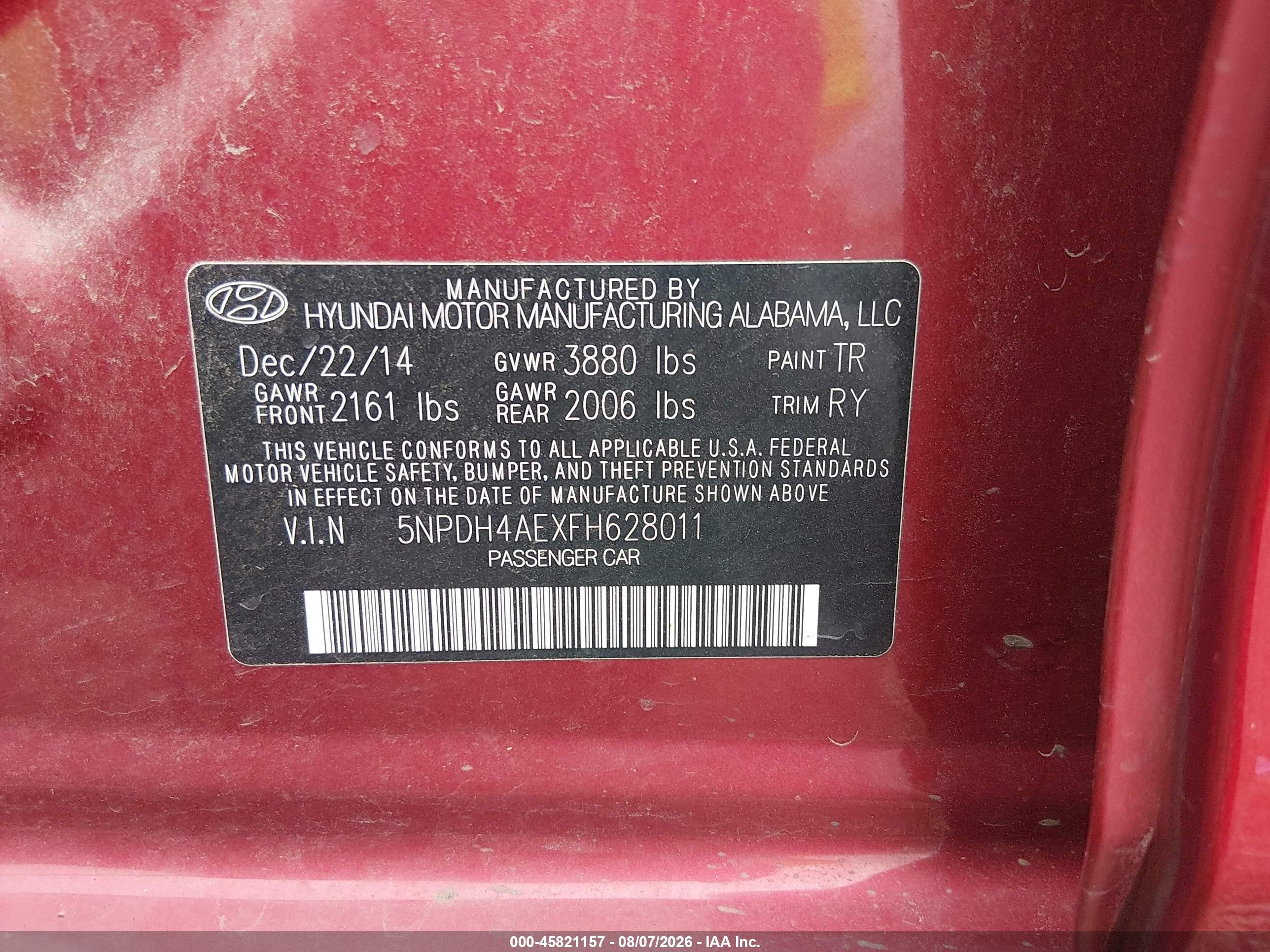 2015 Hyundai Elantra Limited Red vin: 5NPDH4AEXFH628011