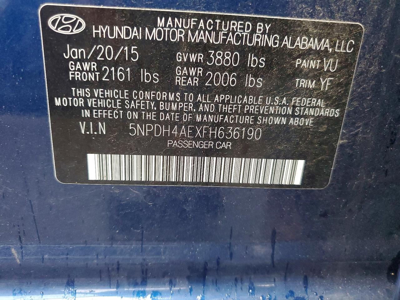 2015 Hyundai Elantra Se Blue vin: 5NPDH4AEXFH636190