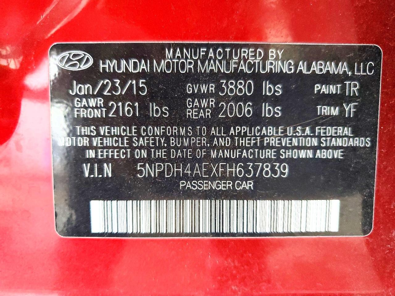 2015 Hyundai Elantra Se Red vin: 5NPDH4AEXFH637839