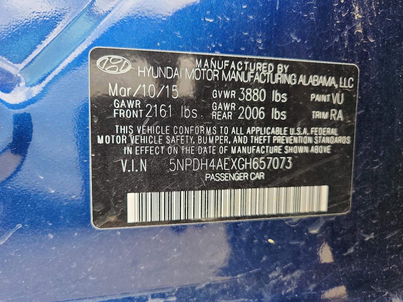 2016 Hyun Elantra Blue vin: 5NPDH4AEXGH657073