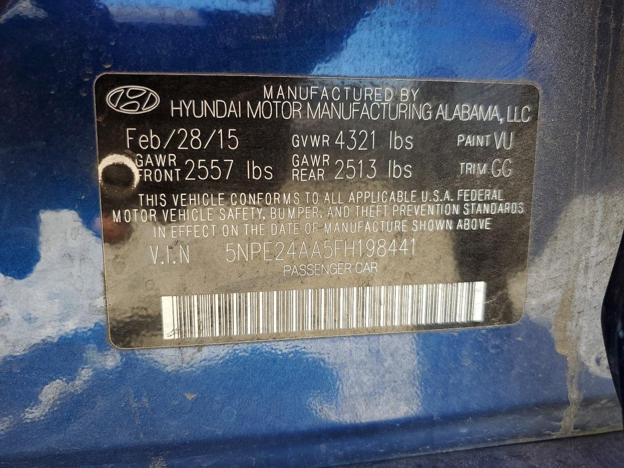 2015 Hyundai Sonata Eco Blue vin: 5NPE24AA5FH198441
