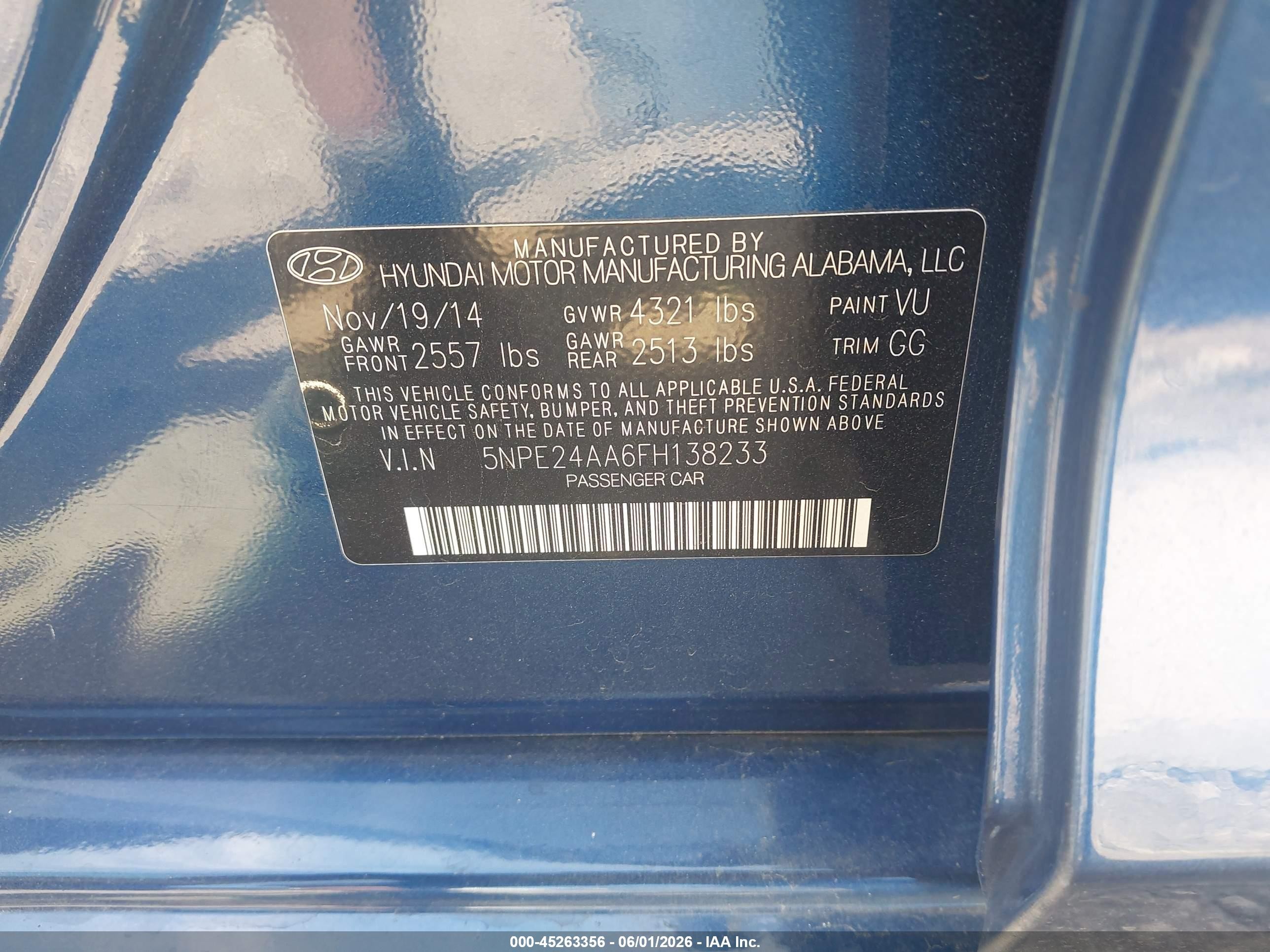 2015 Hyundai Sonata Eco Blue vin: 5NPE24AA6FH138233