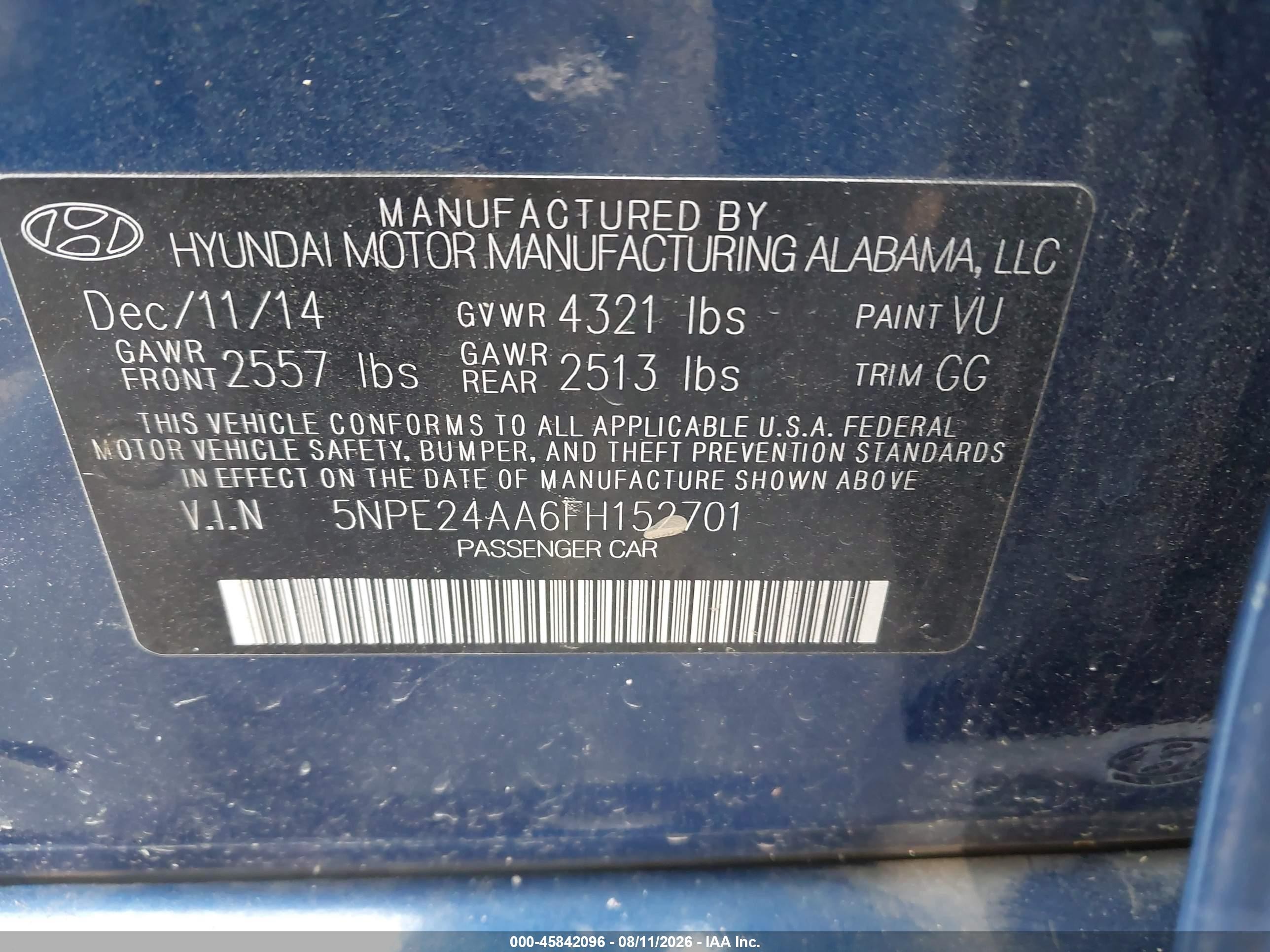 2015 Hyundai Sonata Eco Blue vin: 5NPE24AA6FH152701