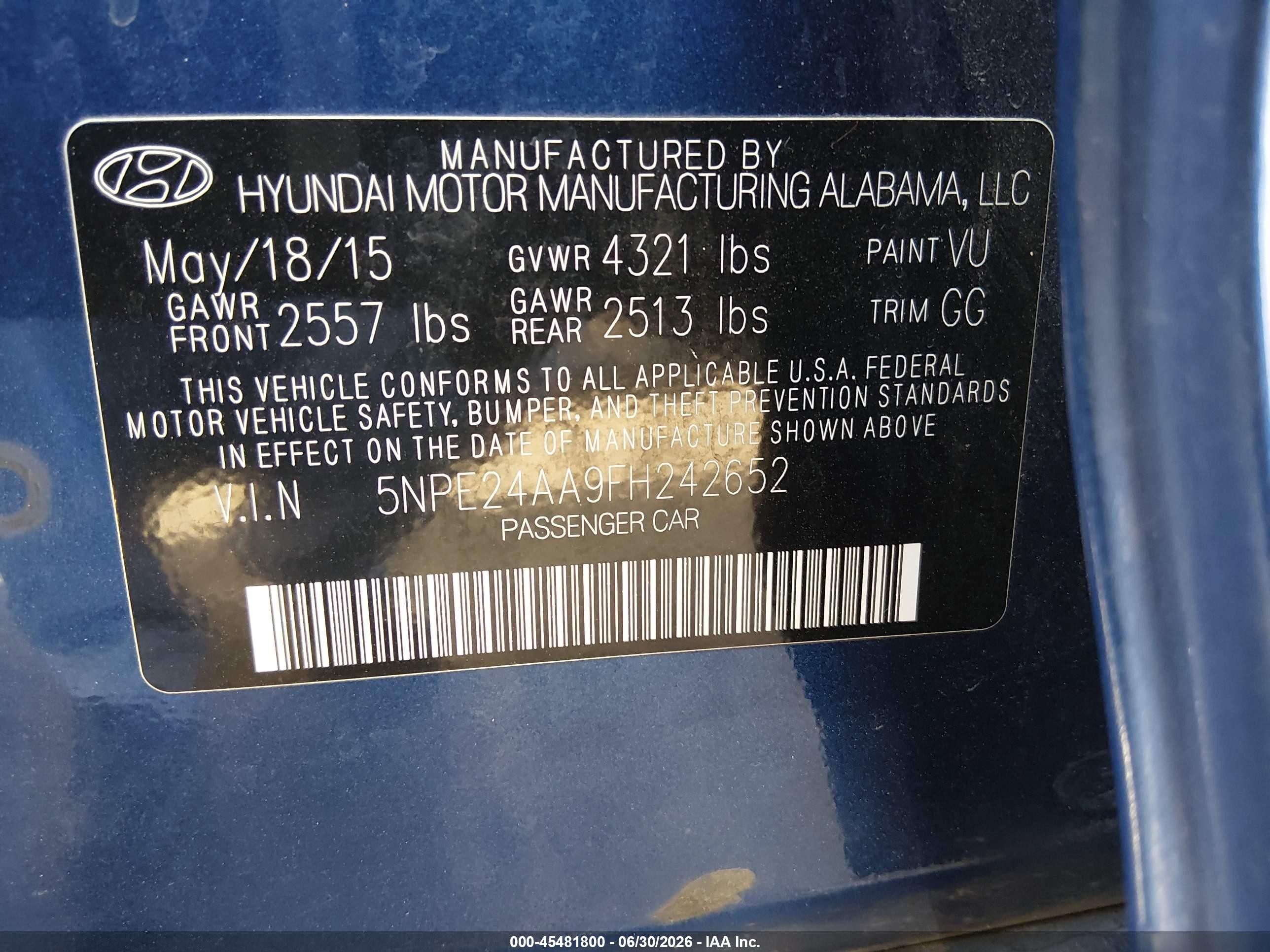 2015 Hyundai Sonata Eco Blue vin: 5NPE24AA9FH242652