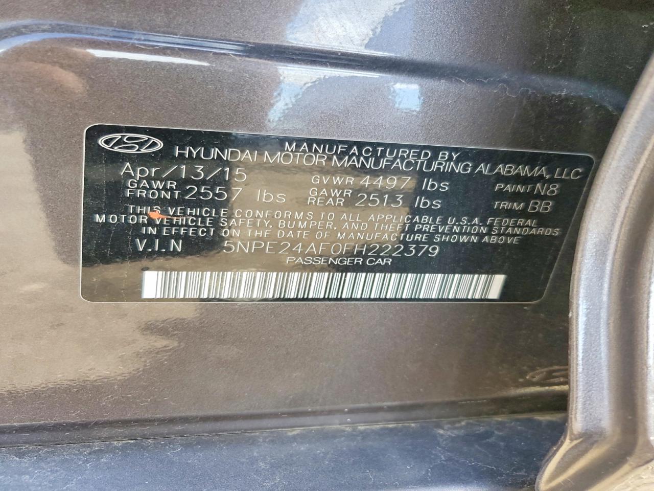 2015 Hyundai Sonata Se Charcoal vin: 5NPE24AF0FH222379