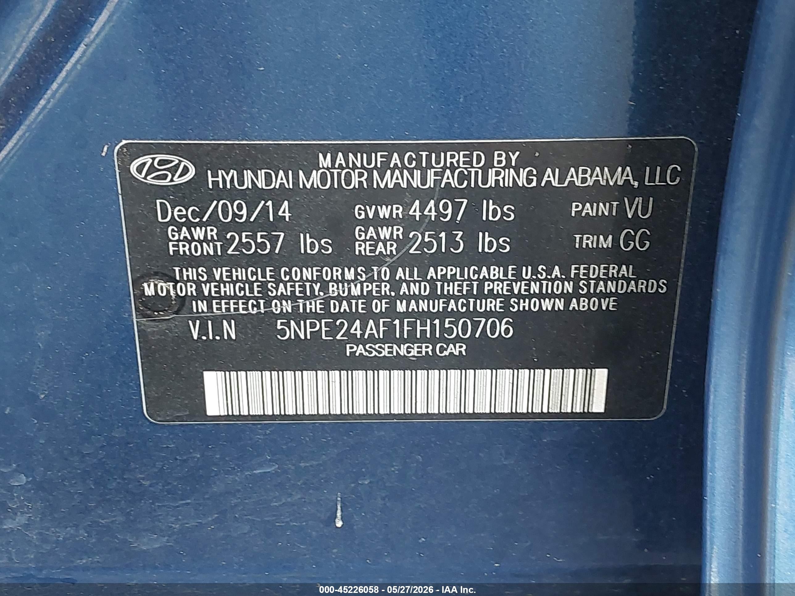 2015 Hyundai Sonata Se Blue vin: 5NPE24AF1FH150706