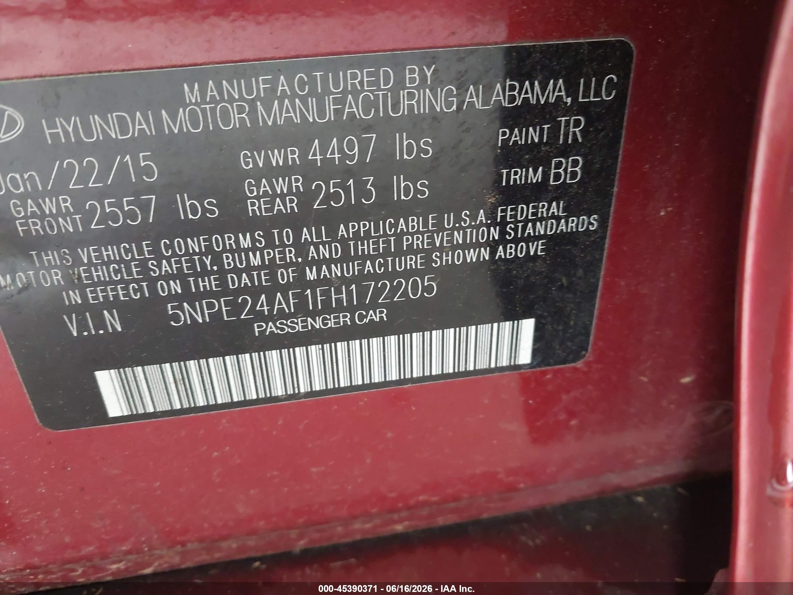2015 Hyundai Sonata Se Burgundy vin: 5NPE24AF1FH172205