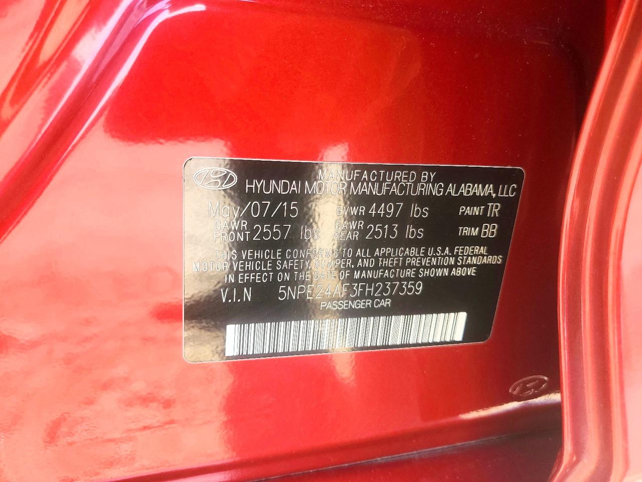 2015 Hyundai Sonata Se Red vin: 5NPE24AF3FH237359