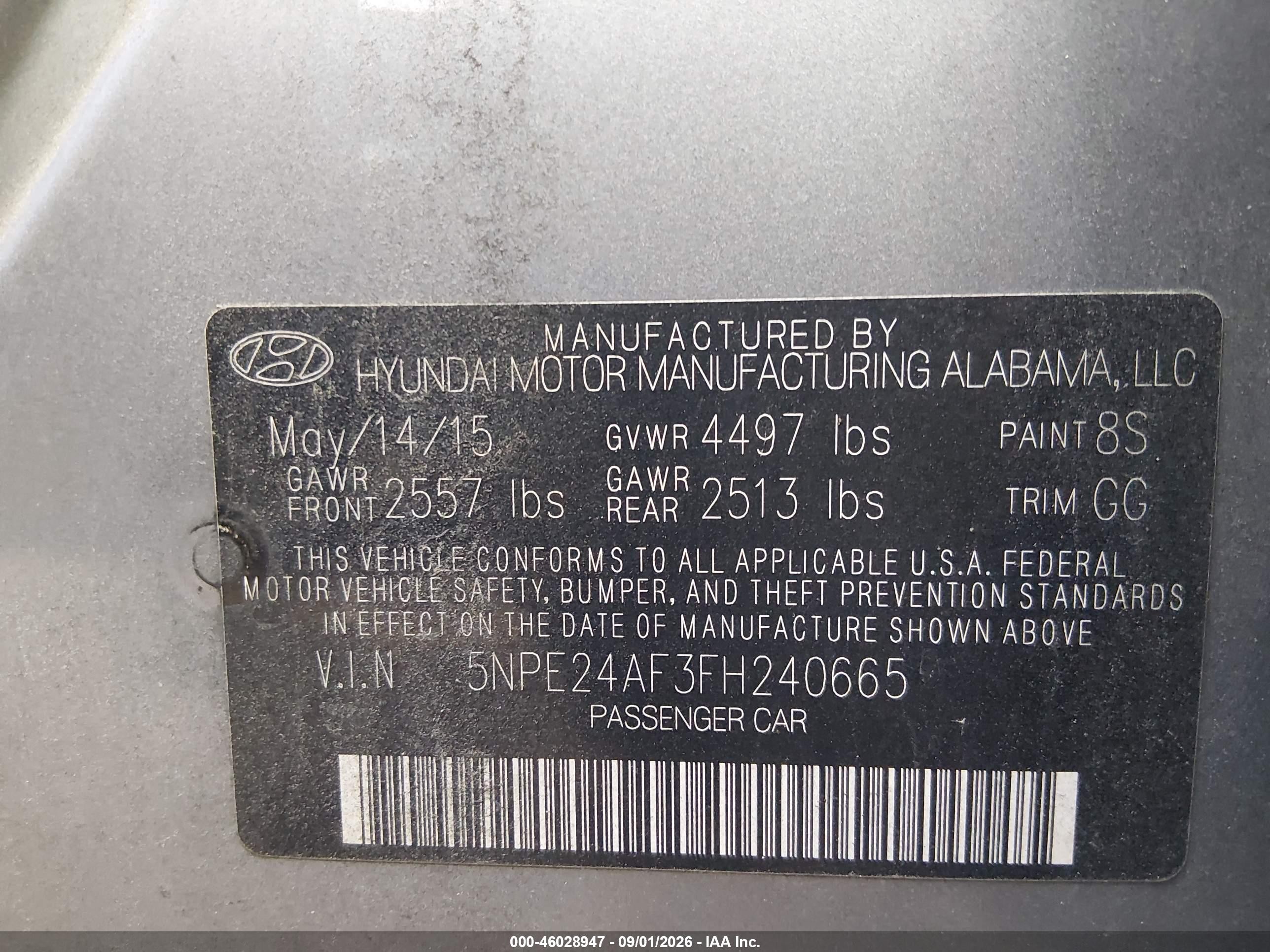 2015 Hyundai Sonata Se Gray vin: 5NPE24AF3FH240665