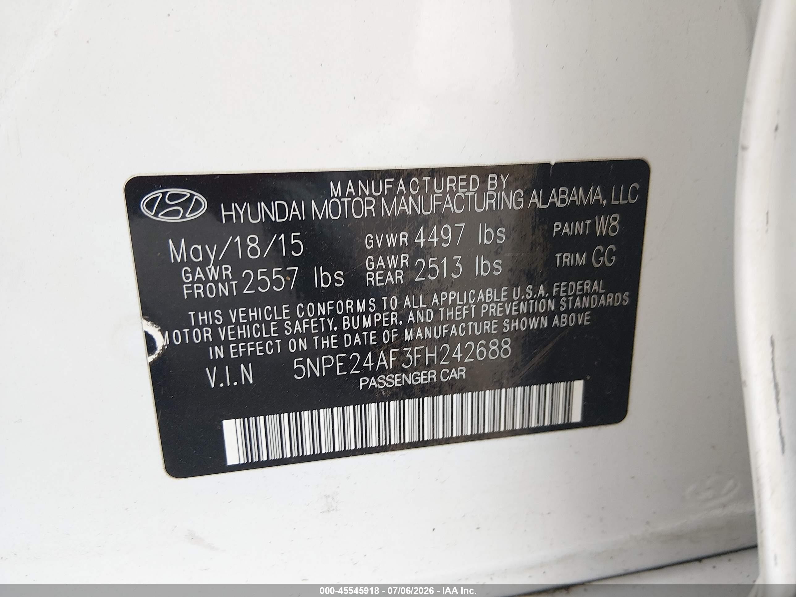 2015 Hyundai Sonata Se White vin: 5NPE24AF3FH242688