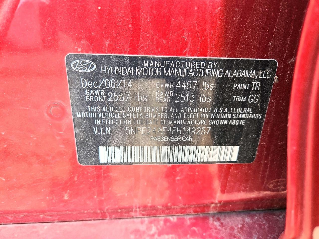 2015 Hyundai Sonata Se Red vin: 5NPE24AF4FH149257