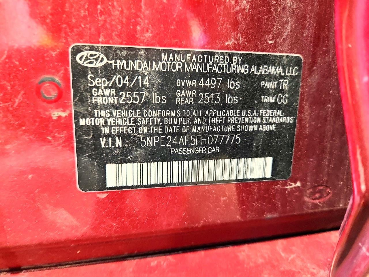 2015 Hyundai Sonata Se Burgundy vin: 5NPE24AF5FH077775