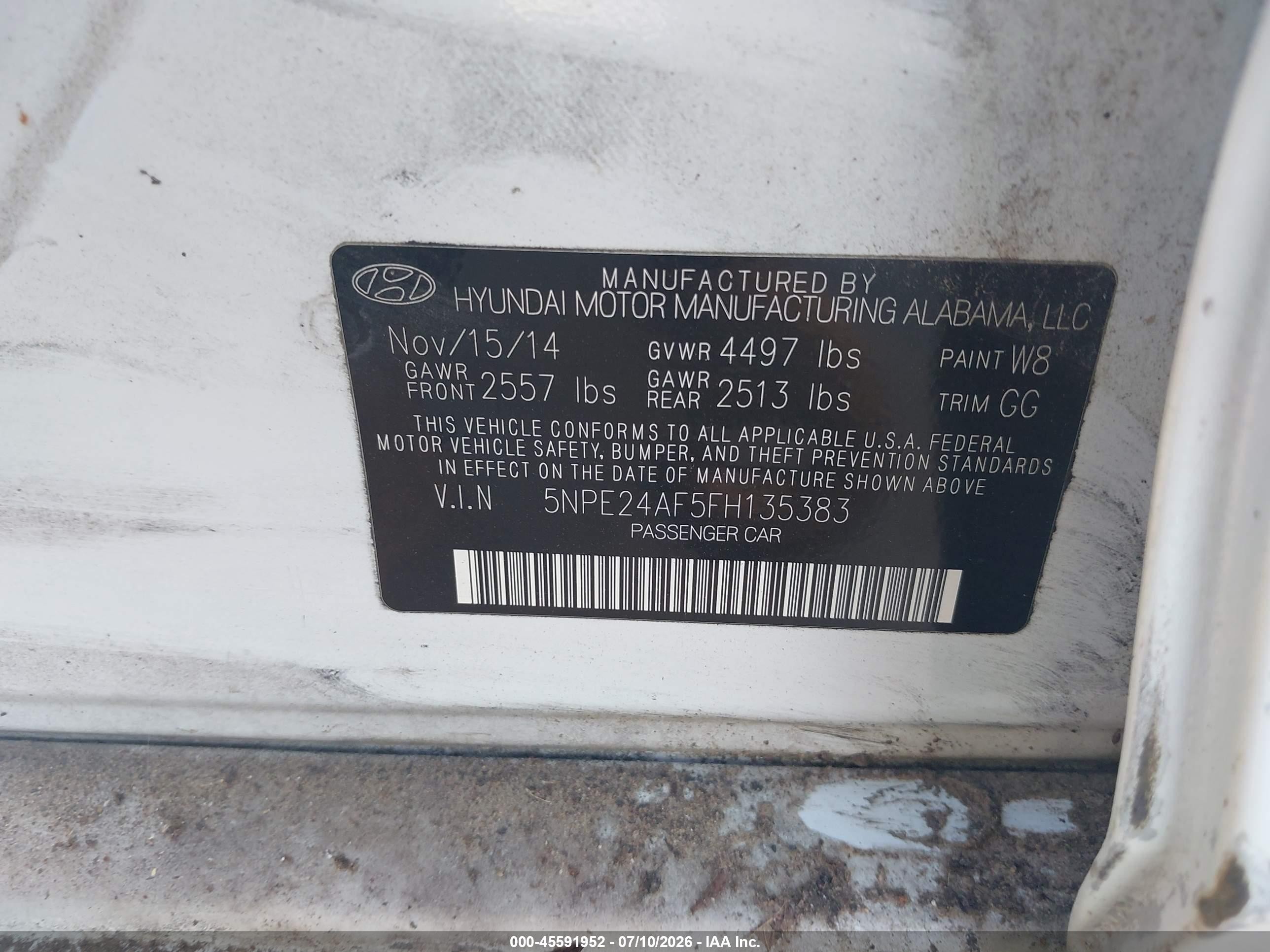 2015 Hyundai Sonata Se White vin: 5NPE24AF5FH135383