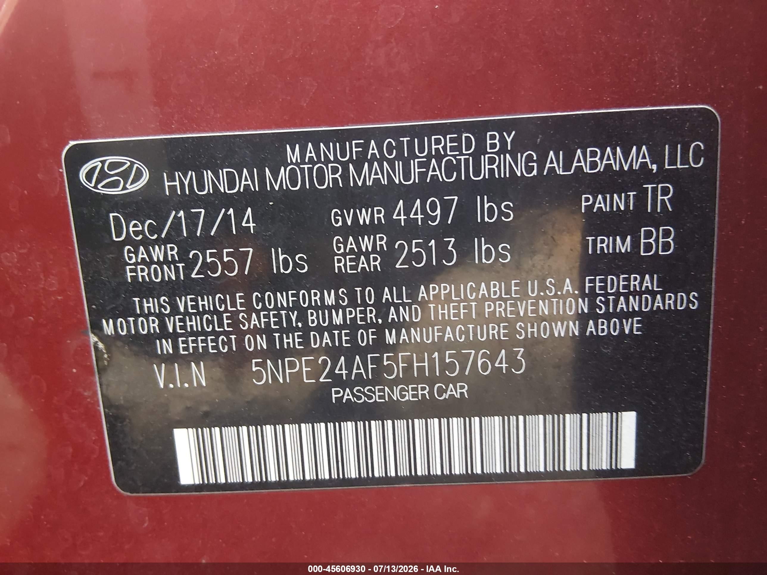 2015 Hyundai Sonata Se Red vin: 5NPE24AF5FH157643