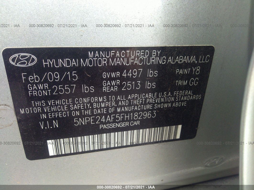 2015 Hyundai Sonata 2.4l Se Silver vin: 5NPE24AF5FH182963