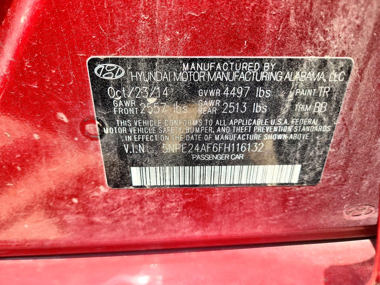 2015 Hyundai Sonata Se Red vin: 5NPE24AF6FH116132