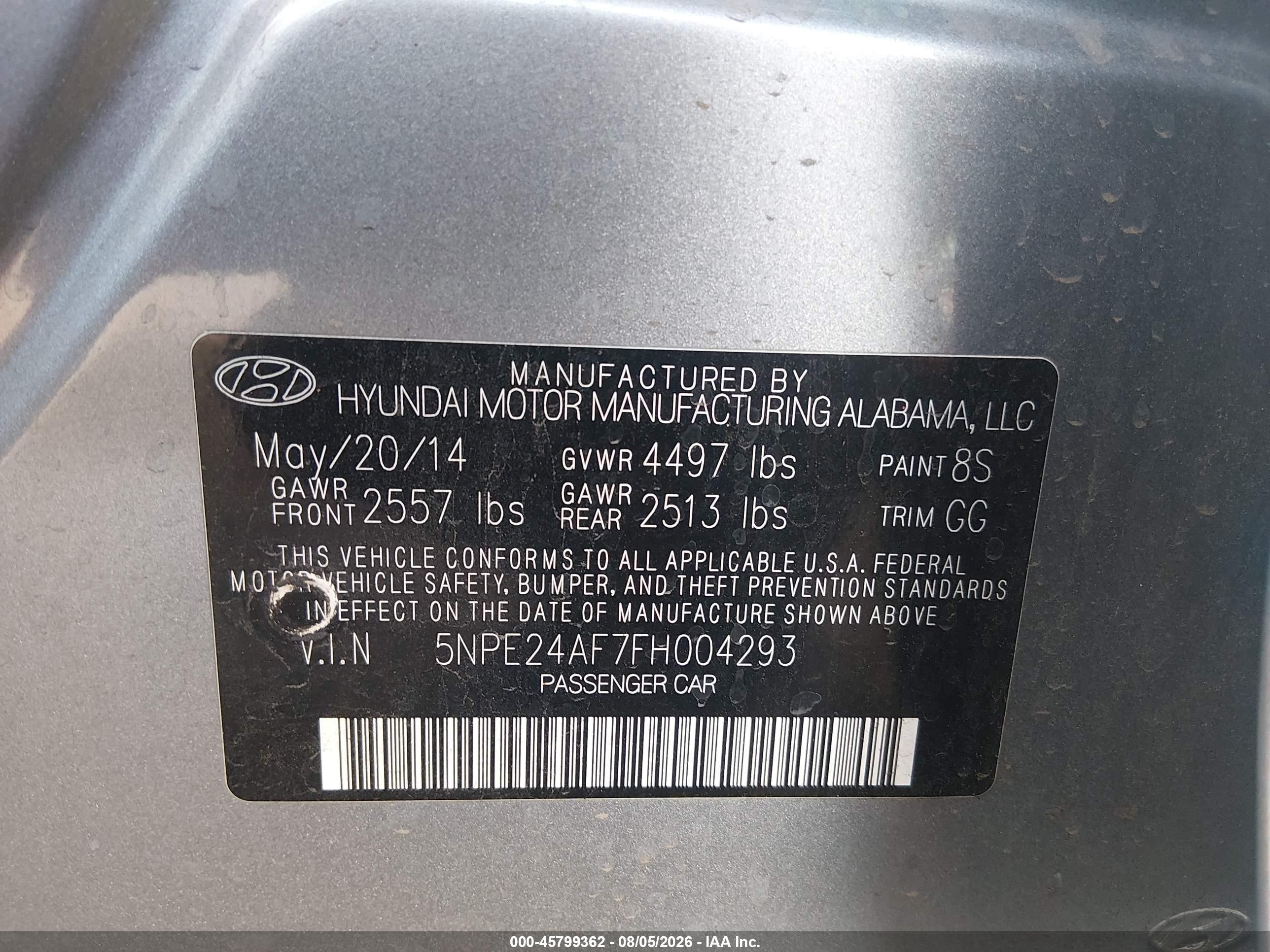 2015 Hyundai Sonata Se Gray vin: 5NPE24AF7FH004293
