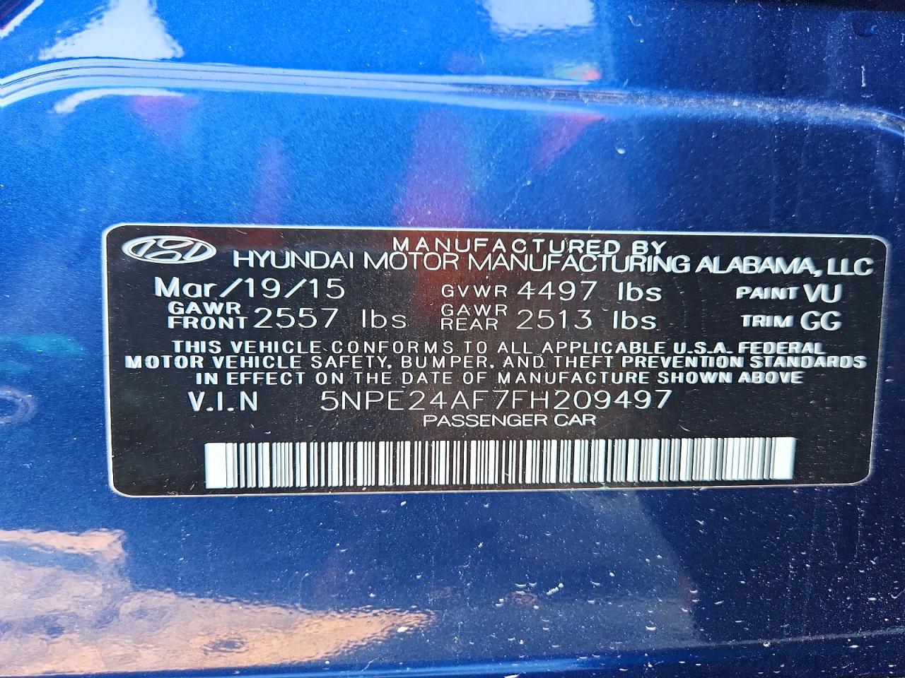 2015 Hyundai Sonata Se Blue vin: 5NPE24AF7FH209497