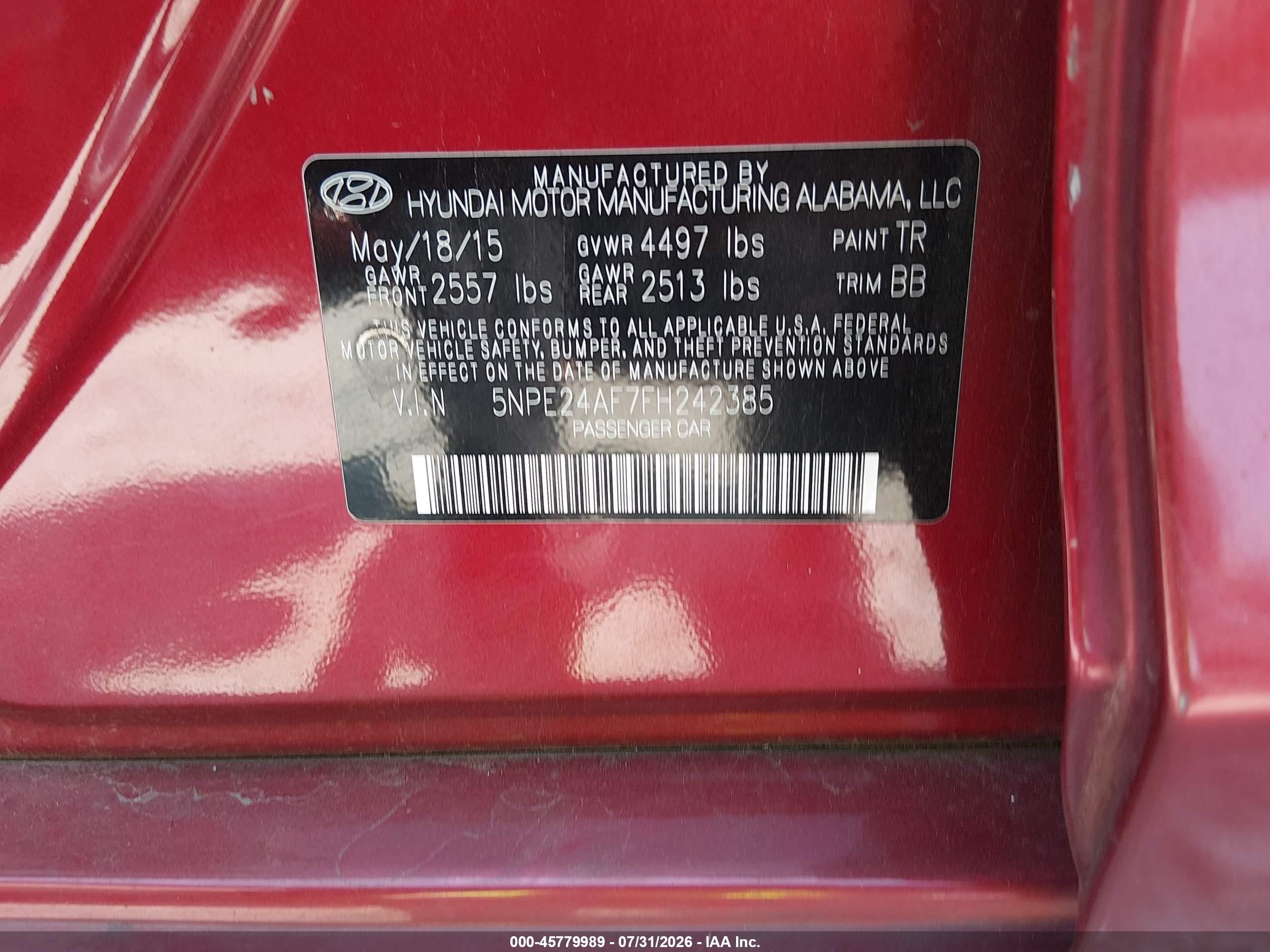 2015 Hyundai Sonata Se Burgundy vin: 5NPE24AF7FH242385