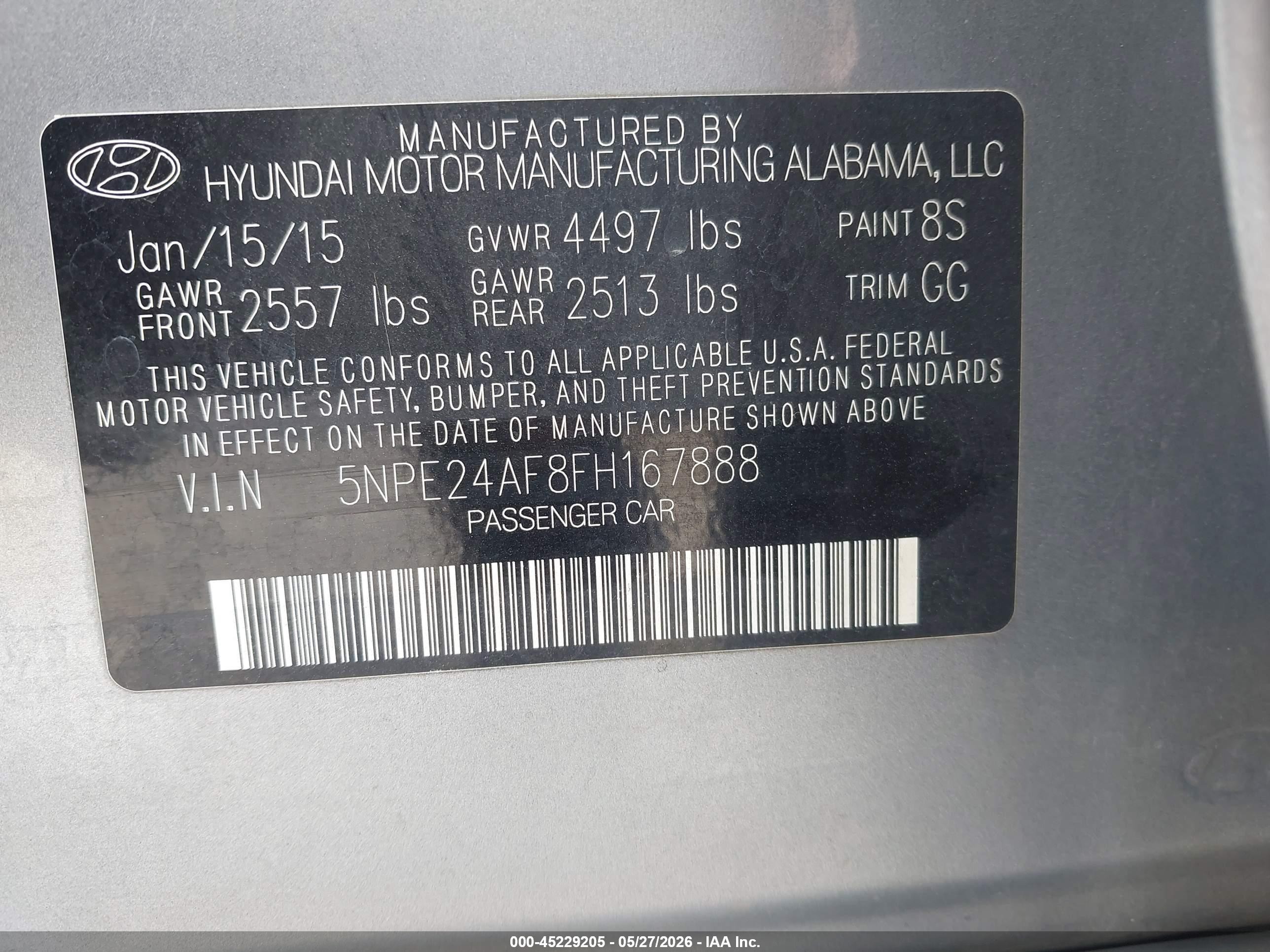 2015 Hyundai Sonata Se Gray vin: 5NPE24AF8FH167888