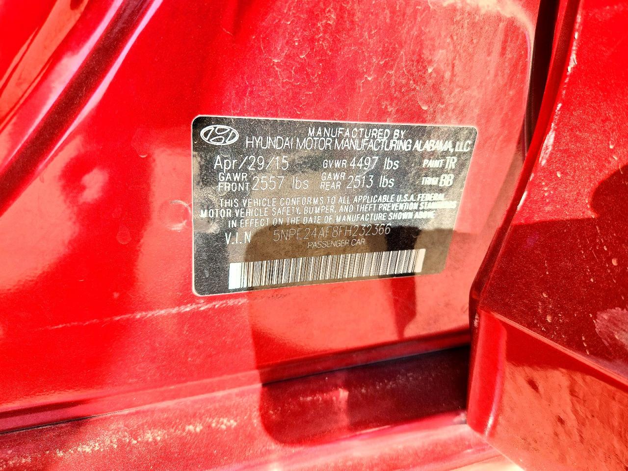 2015 Hyundai Sonata Se Red vin: 5NPE24AF8FH232366