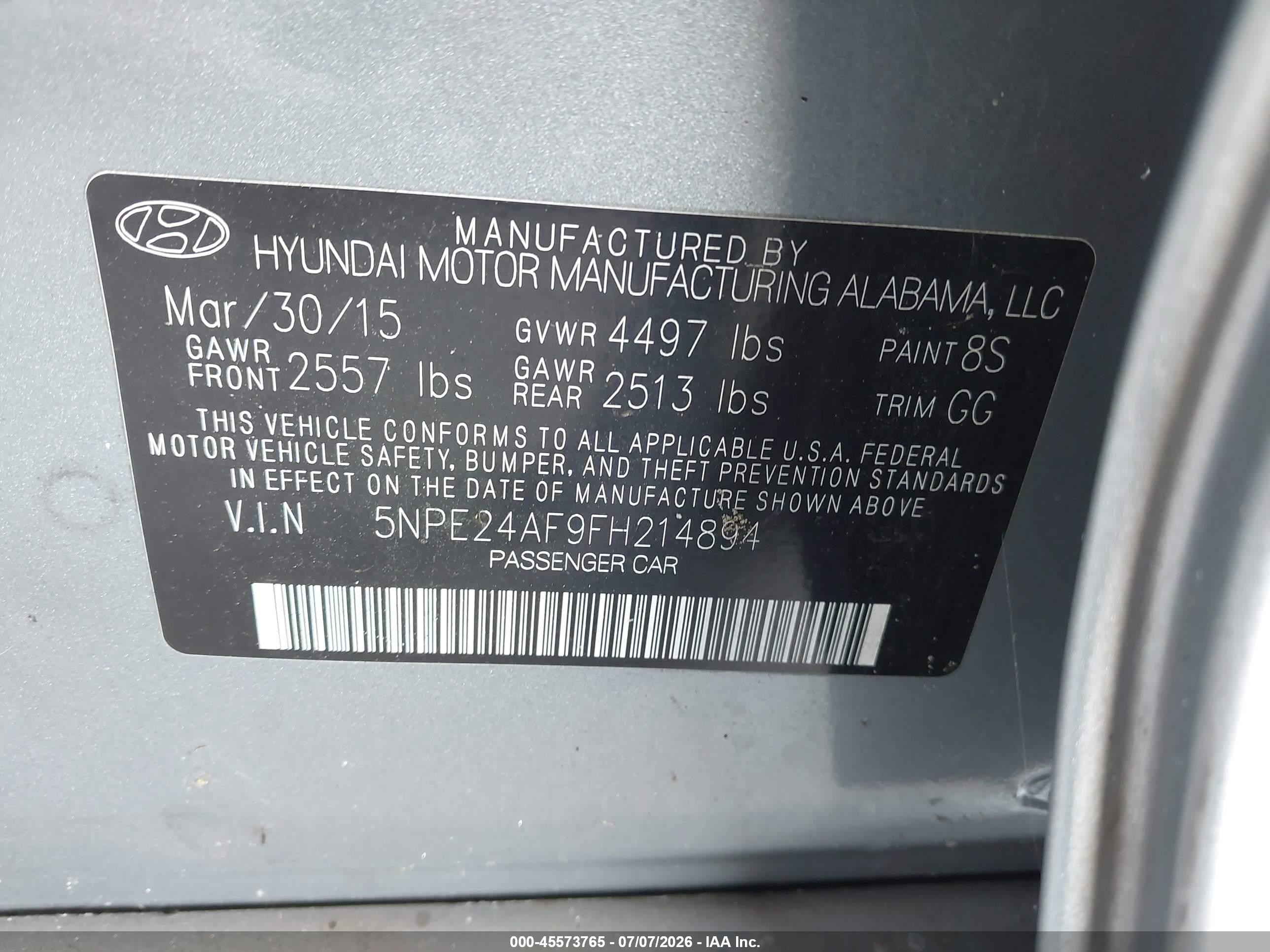 2015 Hyundai Sonata Se Gray vin: 5NPE24AF9FH214894