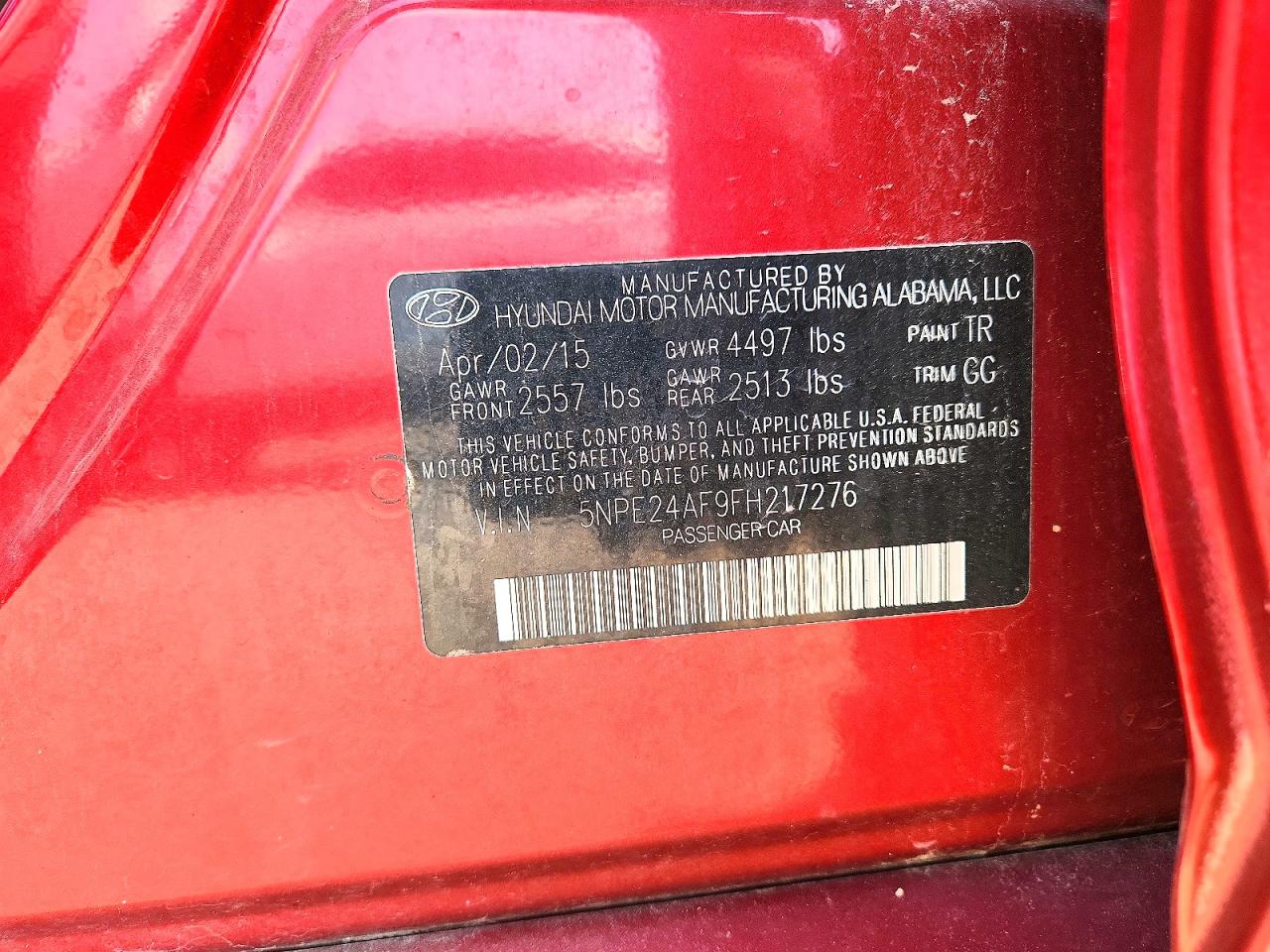 2015 Hyundai Sonata Se Burgundy vin: 5NPE24AF9FH217276