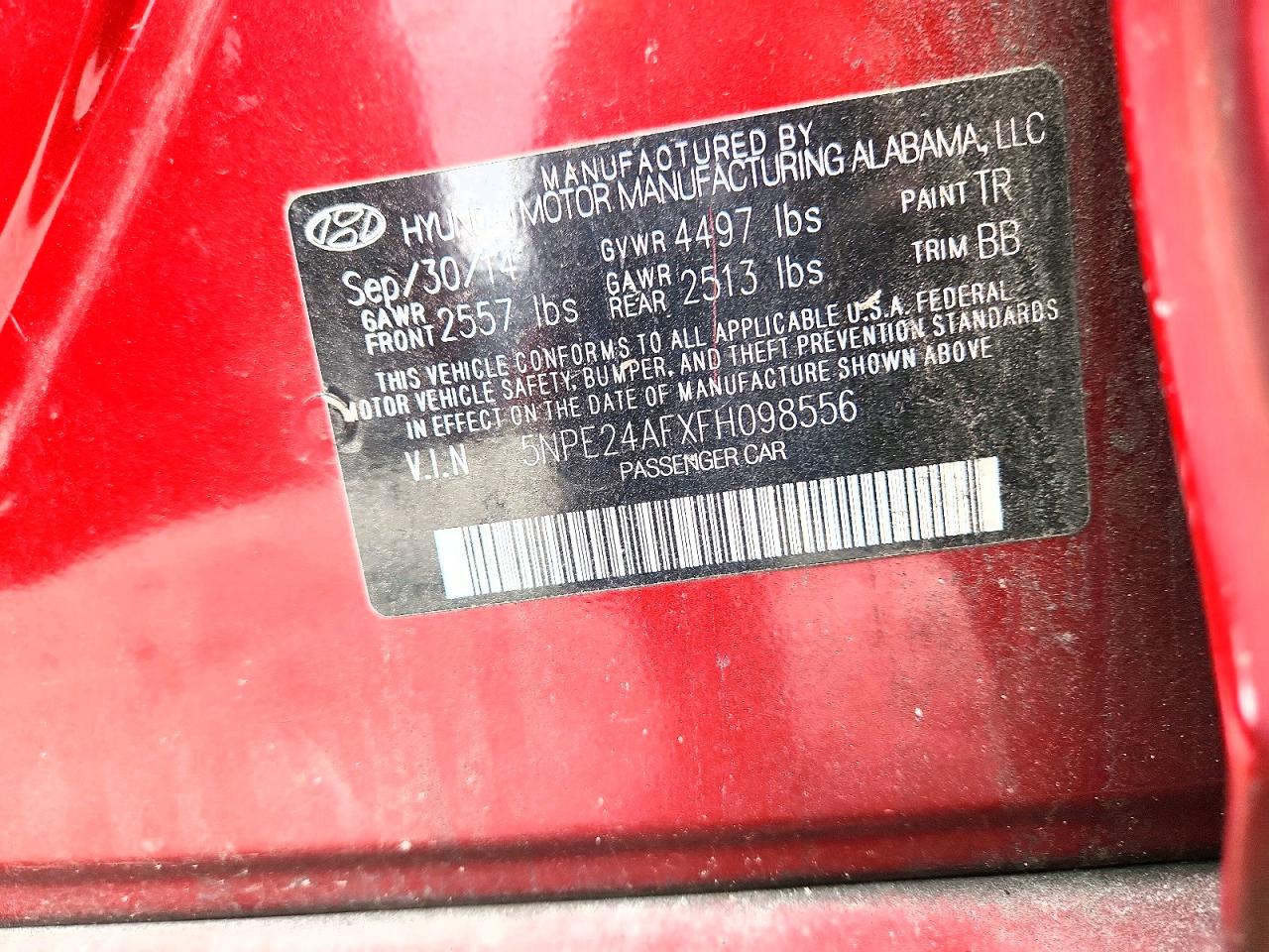 2015 Hyundai Sonata Se Burgundy vin: 5NPE24AFXFH098556