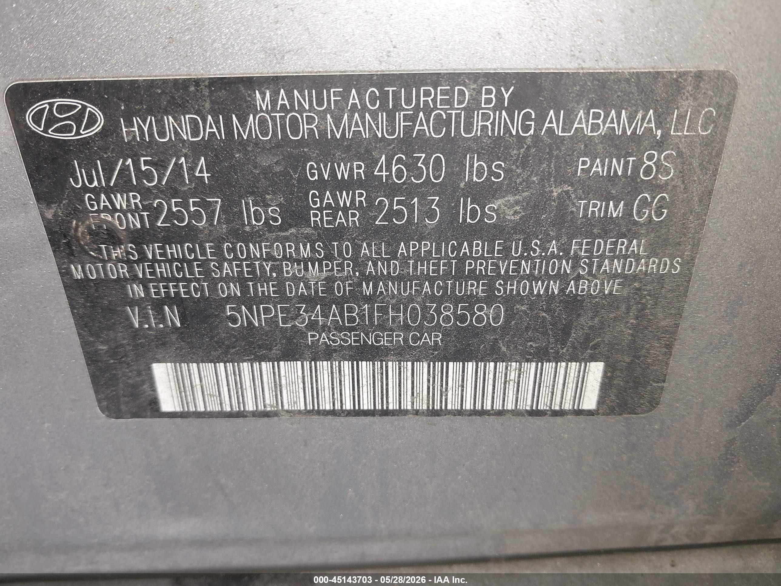2015 Hyundai Sonata Sport 2.0t Серый vin: 5NPE34AB1FH038580