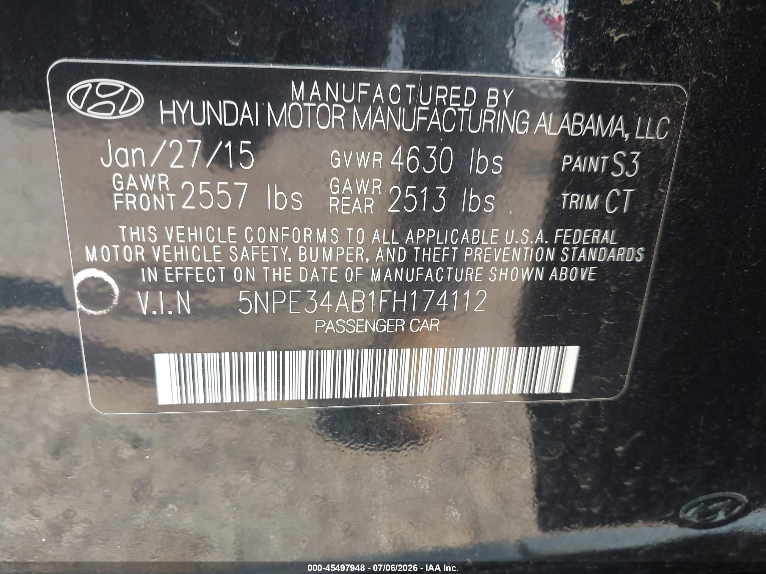 2015 Hyundai Sonata Limited 2.0t Black vin: 5NPE34AB1FH174112