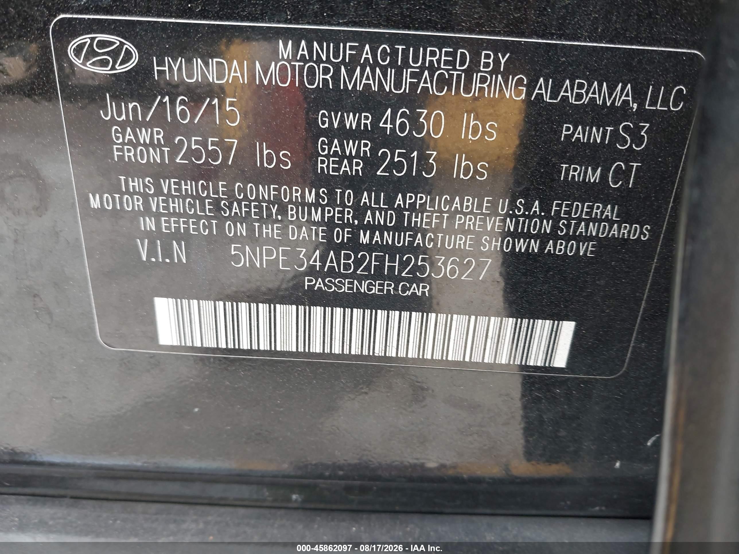 2015 Hyundai Sonata Limited 2.0t Black vin: 5NPE34AB2FH253627