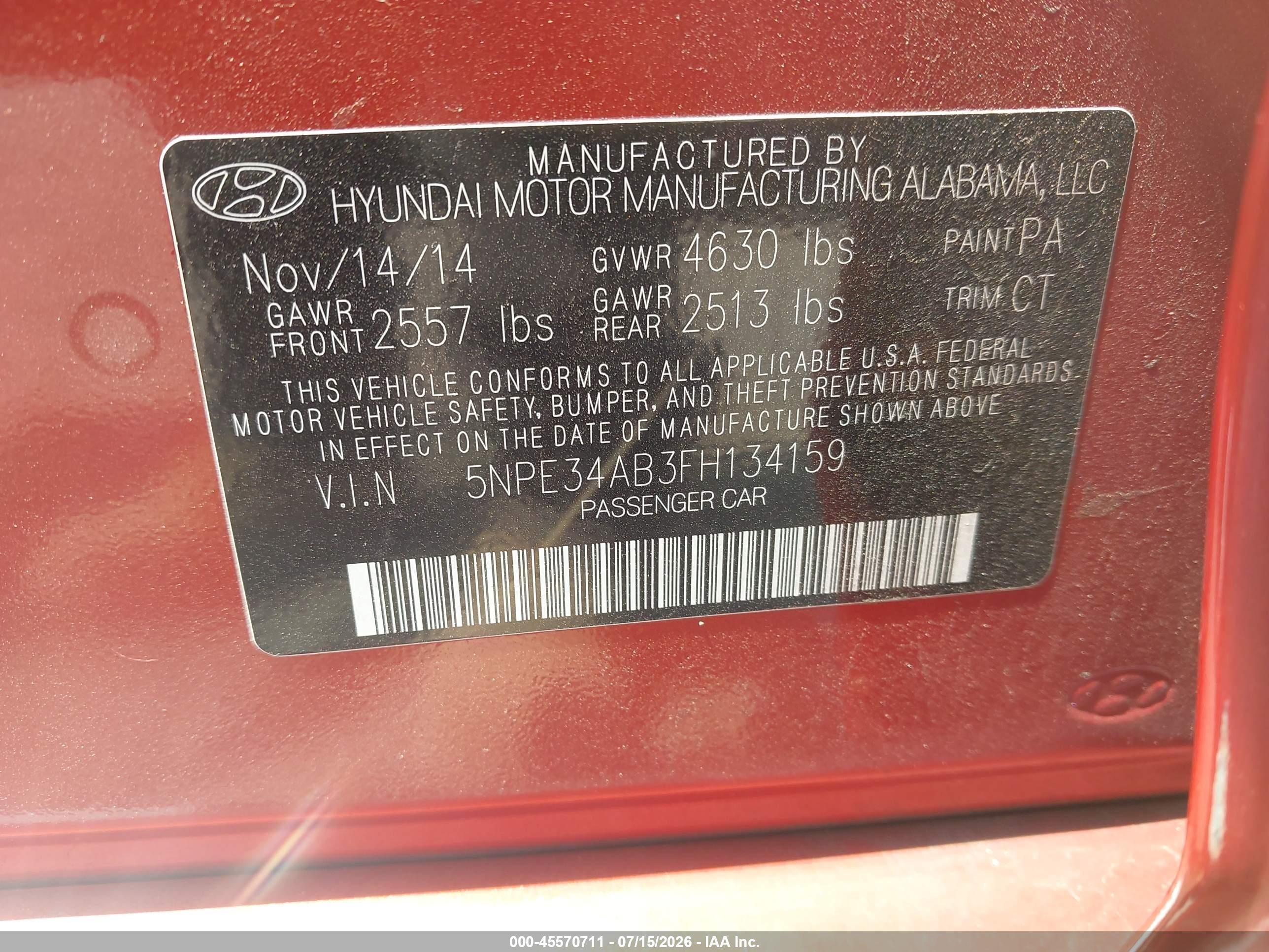 2015 Hyundai Sonata Limited 2.0t Orange vin: 5NPE34AB3FH134159