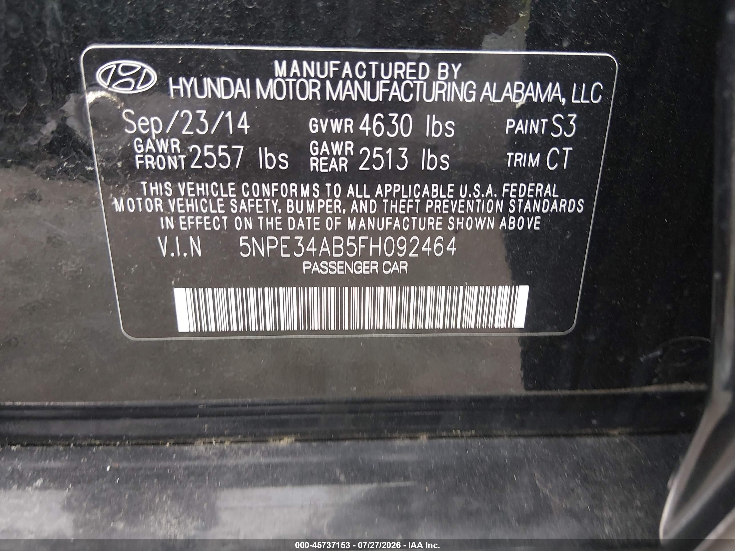 2015 Hyundai Sonata Sport 2.0t Black vin: 5NPE34AB5FH092464