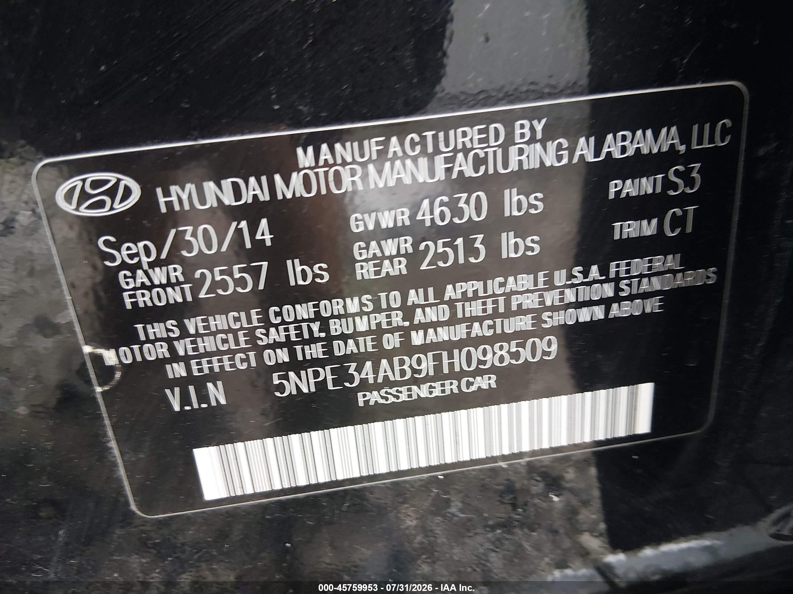 2015 Hyundai Sonata Sport 2.0t Black vin: 5NPE34AB9FH098509