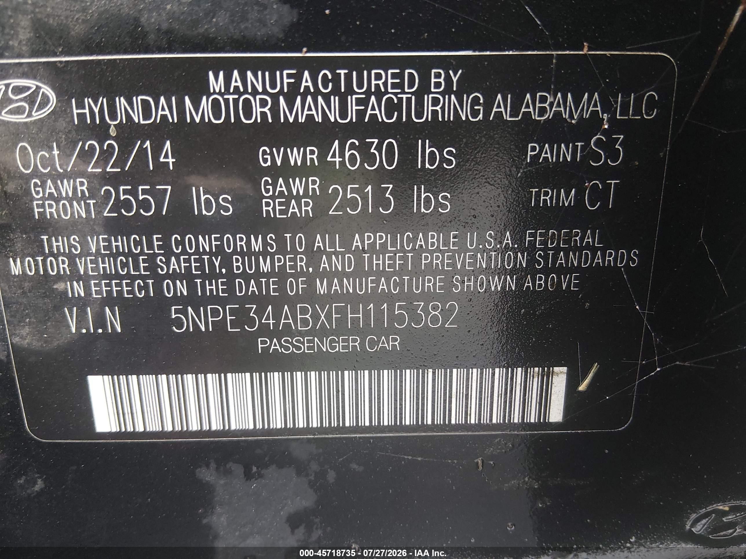 2015 Hyundai Sonata Limited 2.0t Black vin: 5NPE34ABXFH115382