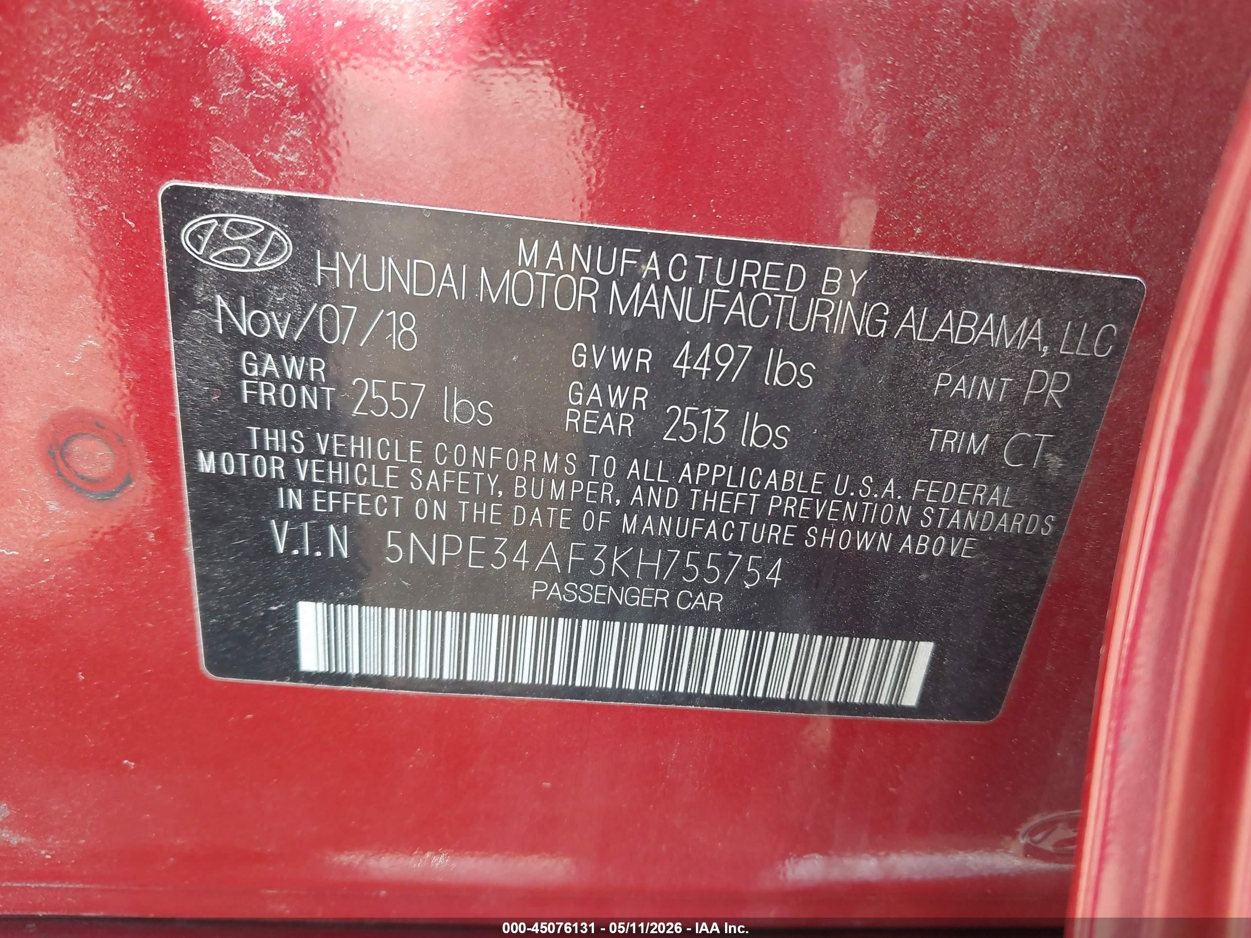2019 Hyundai Sonata Sport Red vin: 5NPE34AF3KH755754