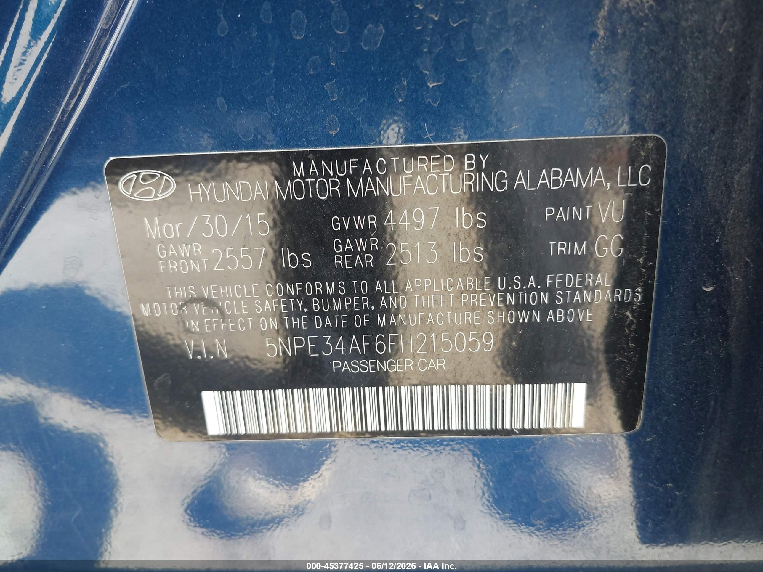 2015 Hyundai Sonata Sport Blue vin: 5NPE34AF6FH215059