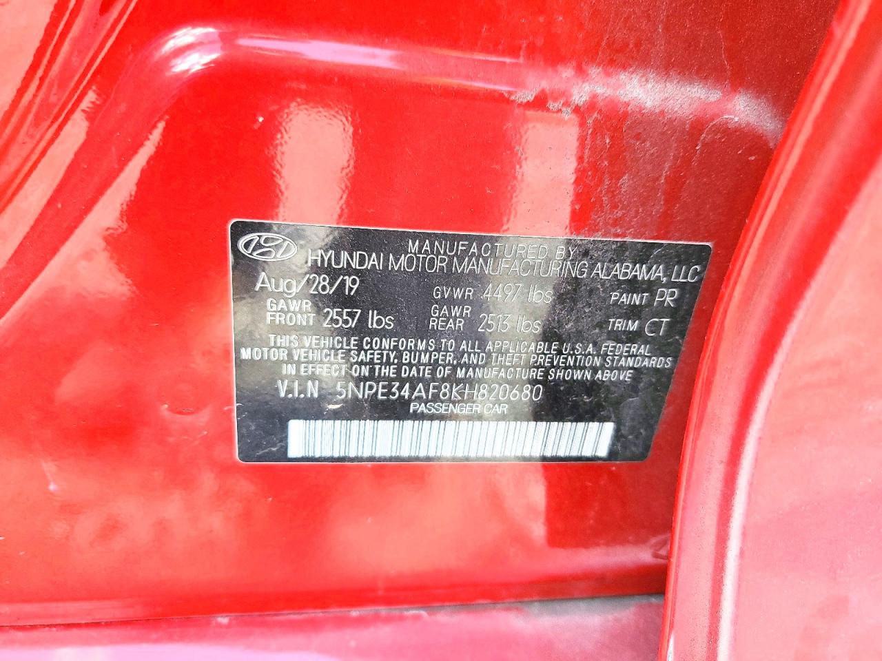 2019 Hyundai Sonata Red vin: 5NPE34AF8KH820680