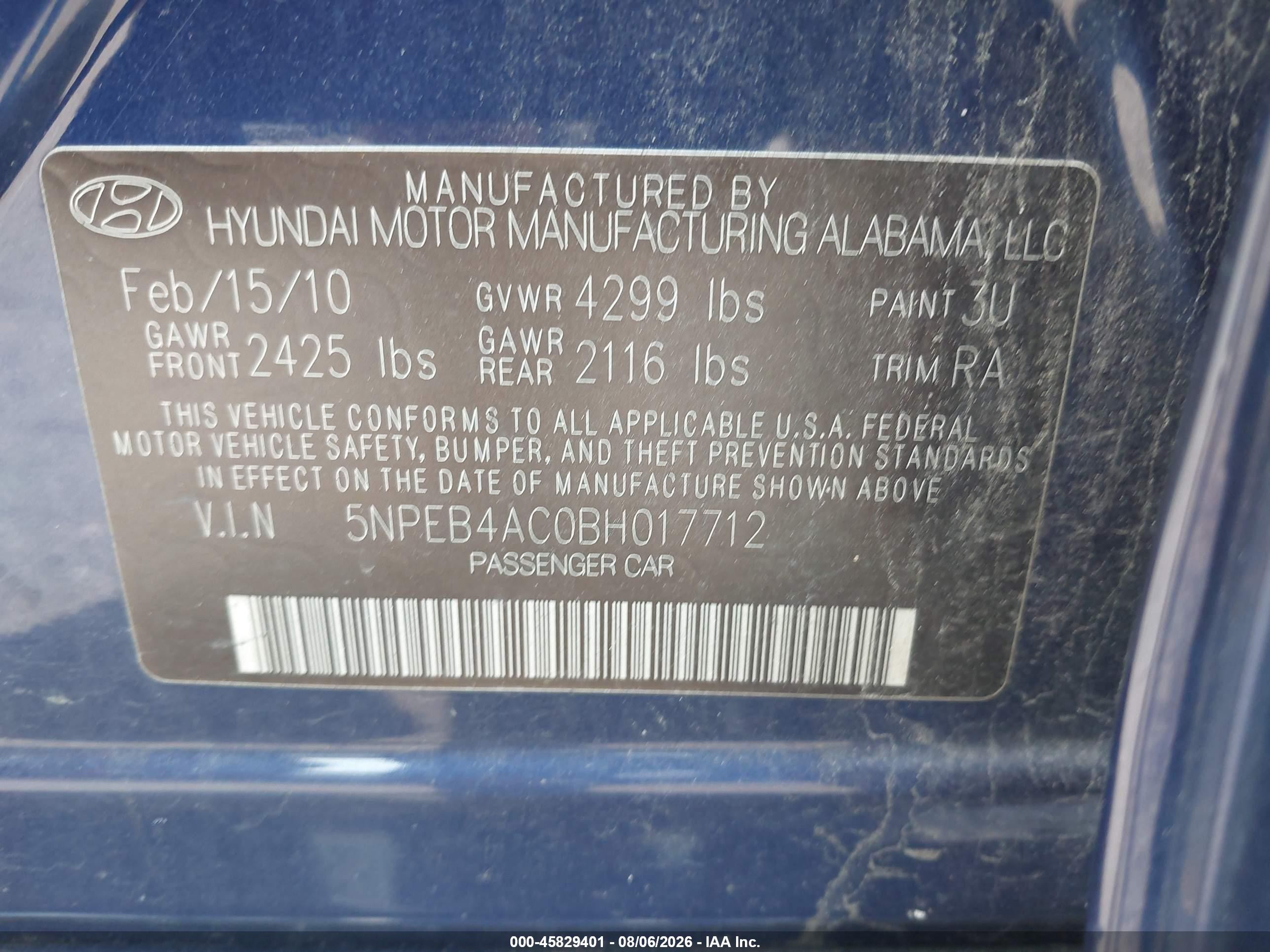 2011 Hyundai Sonata Gls Blue vin: 5NPEB4AC0BH017712