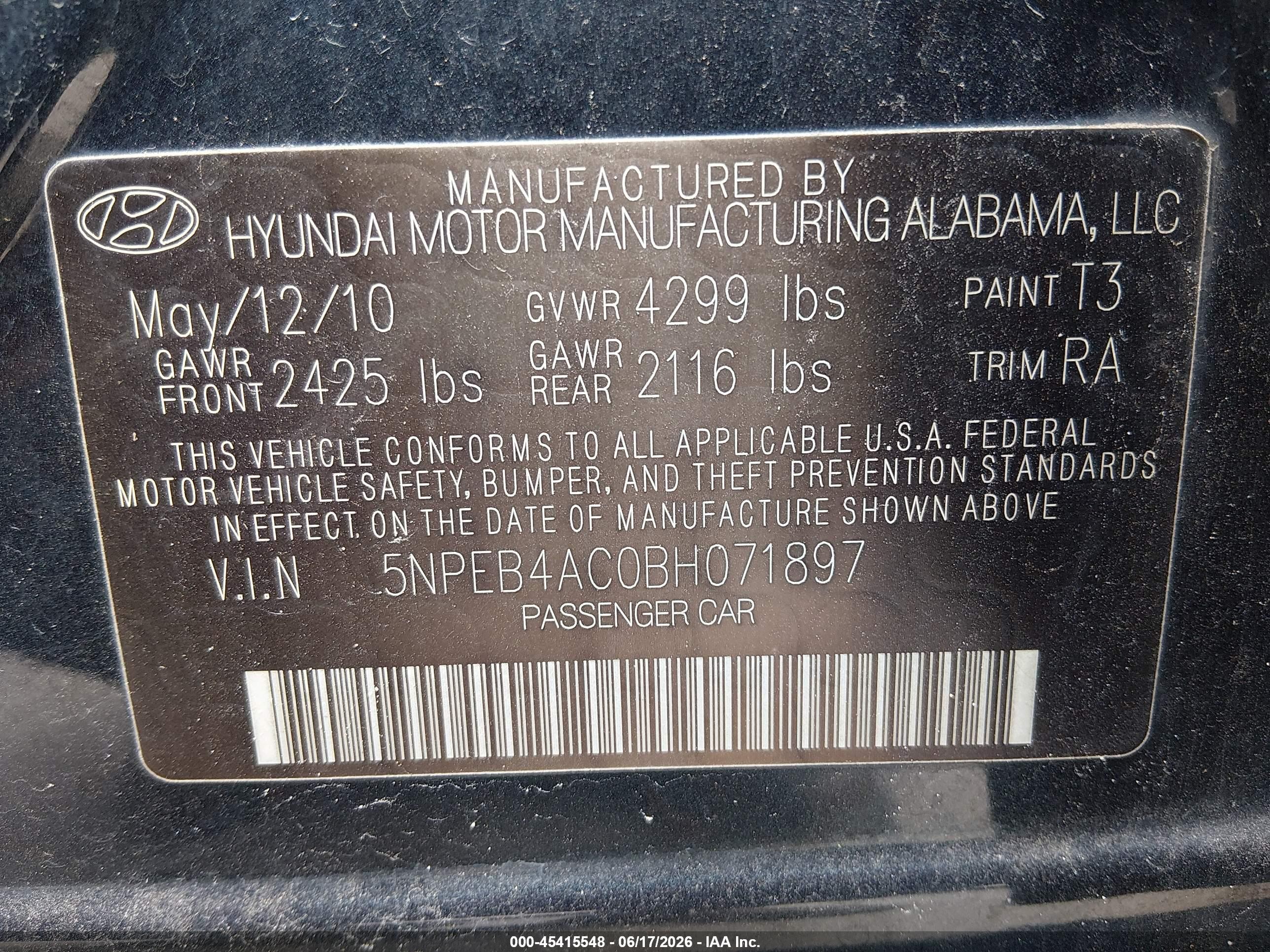 2011 Hyundai Sonata Gls Dark Blue vin: 5NPEB4AC0BH071897