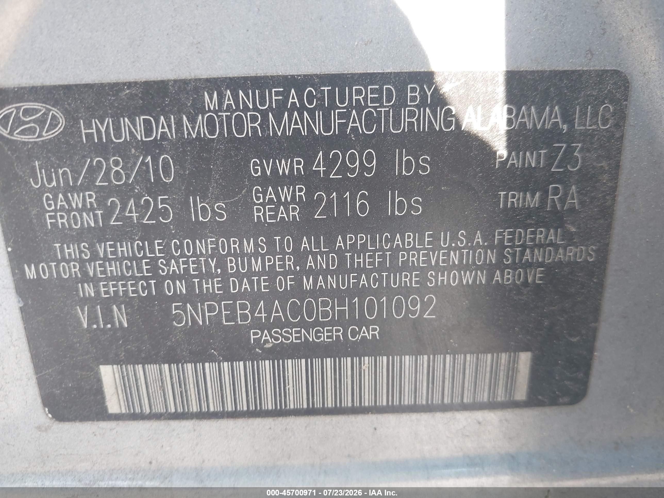 2011 Hyundai Sonata Gls Light Blue vin: 5NPEB4AC0BH101092