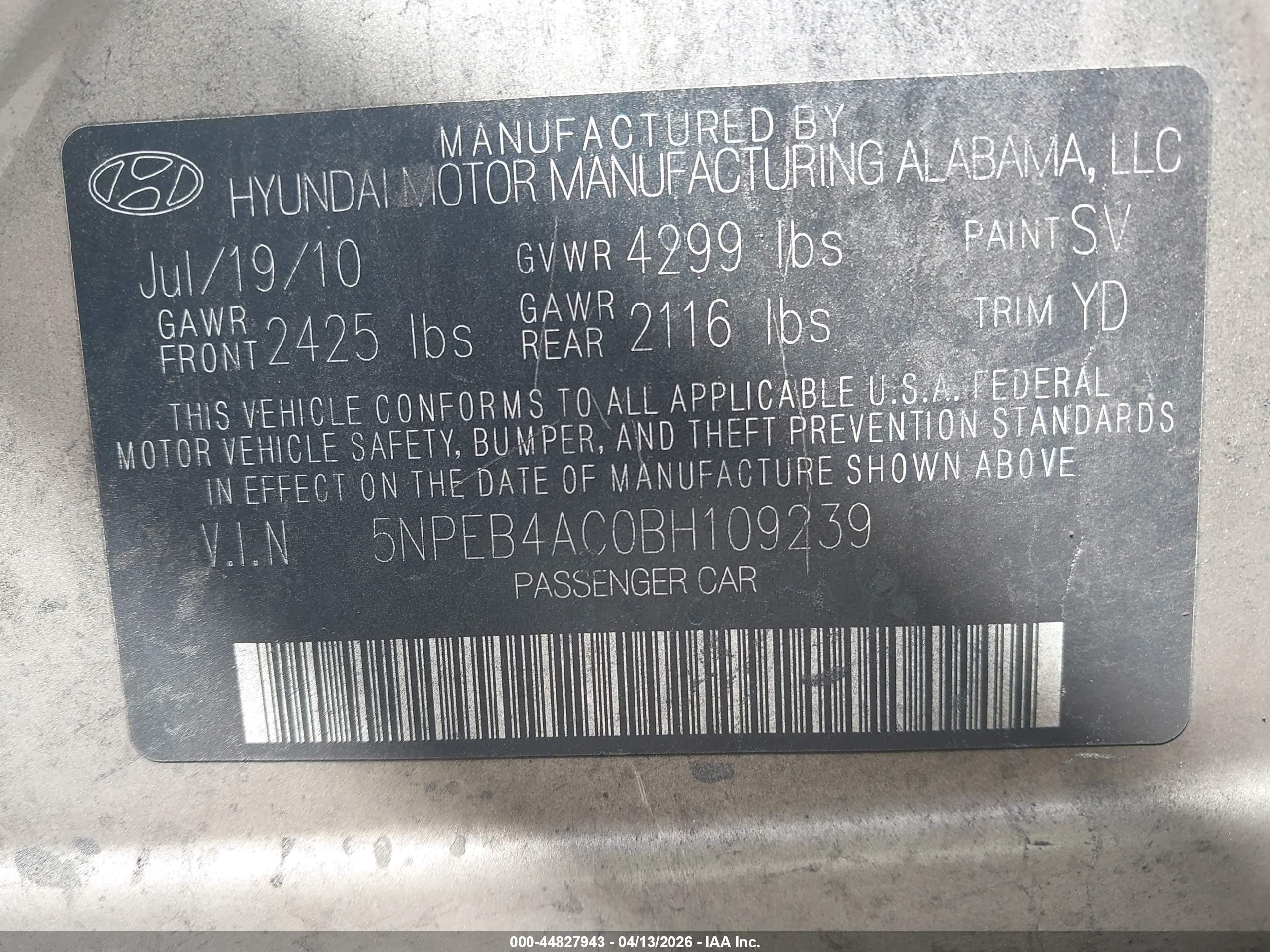 2011 Hyundai Sonata Gls Champagne vin: 5NPEB4AC0BH109239