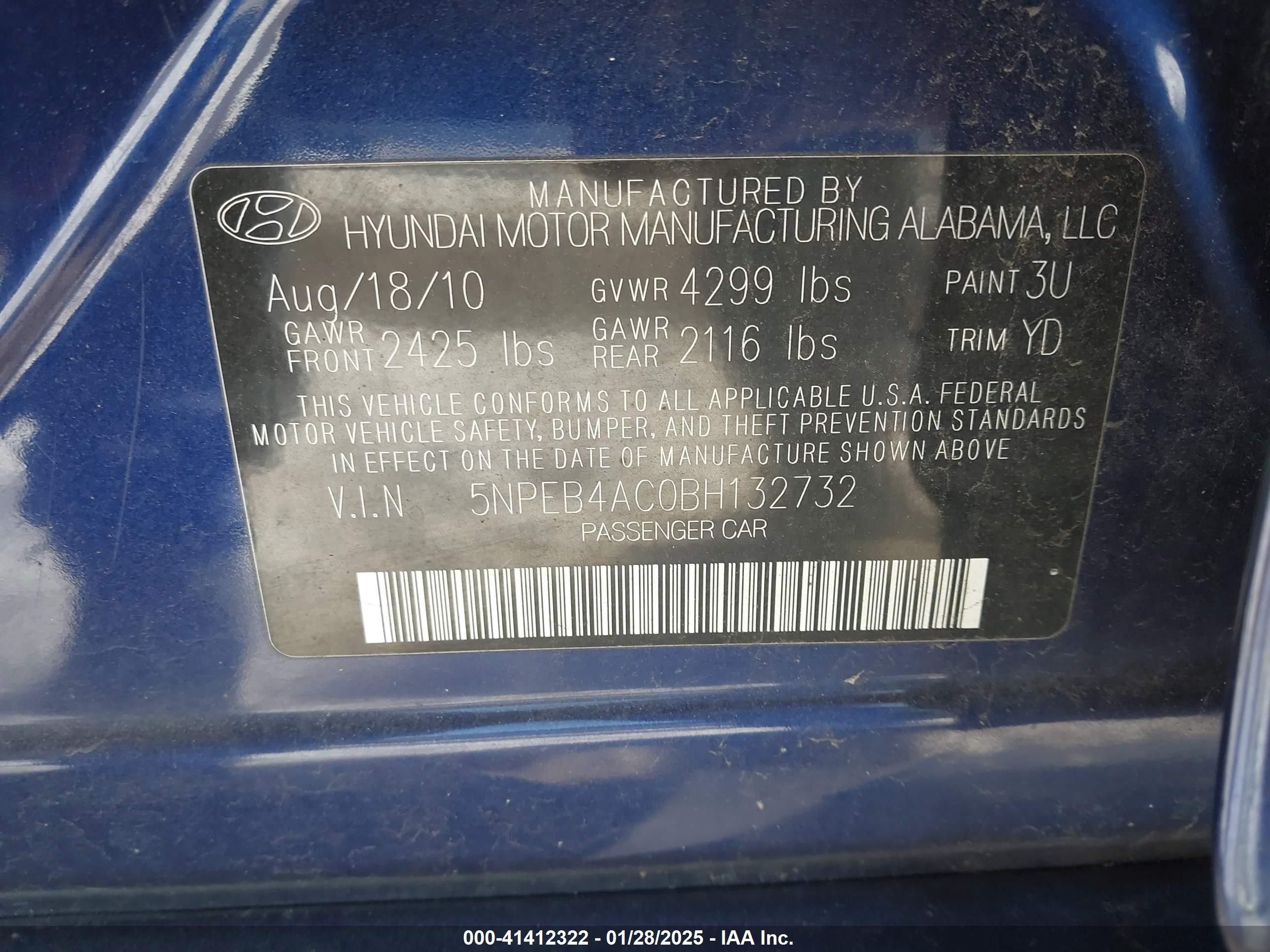 2011 Hyundai Sonata Gls Blue vin: 5NPEB4AC0BH132732