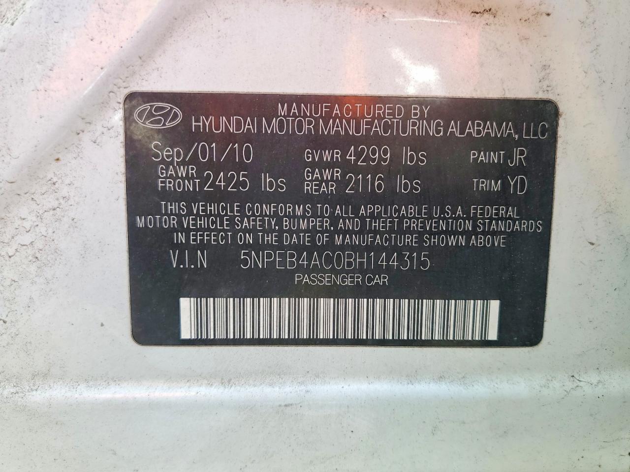 2011 Hyundai Sonata Gls White vin: 5NPEB4AC0BH144315