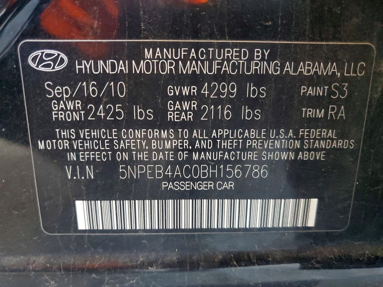 2011 Hyundai Sonata Gls Black vin: 5NPEB4AC0BH156786