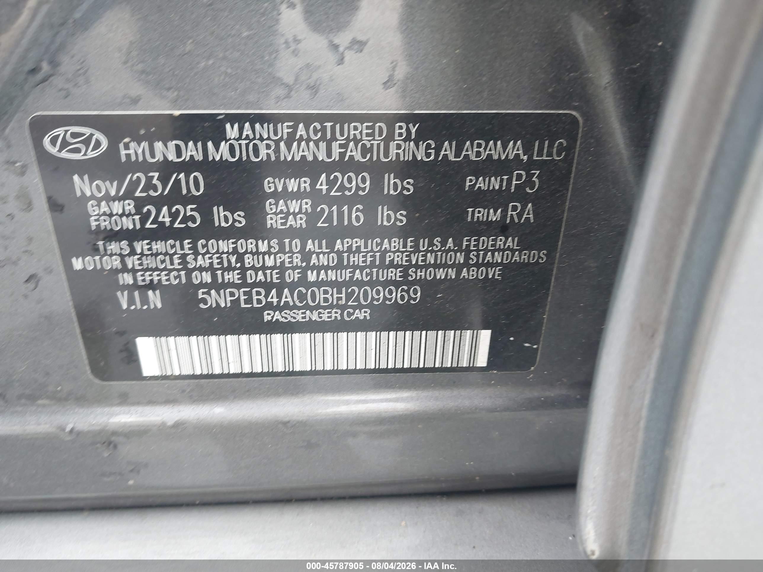 2011 Hyundai Sonata Gls Gray vin: 5NPEB4AC0BH209969