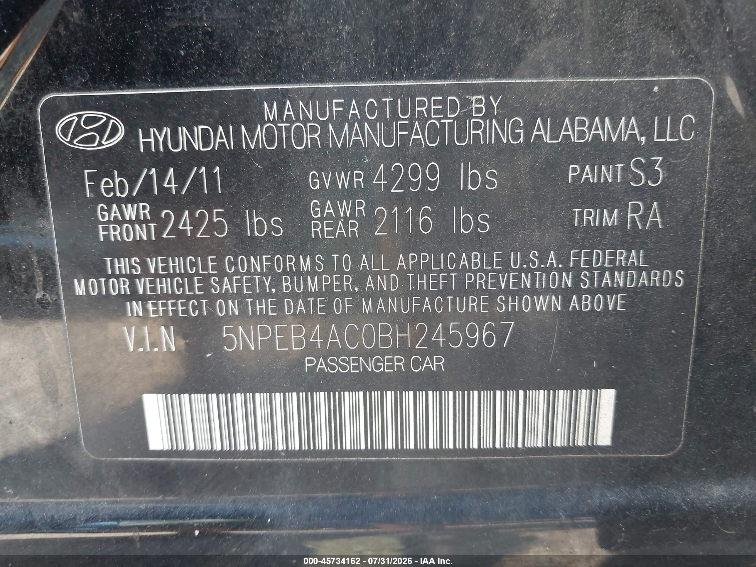 2011 Hyundai Sonata Gls Black vin: 5NPEB4AC0BH245967