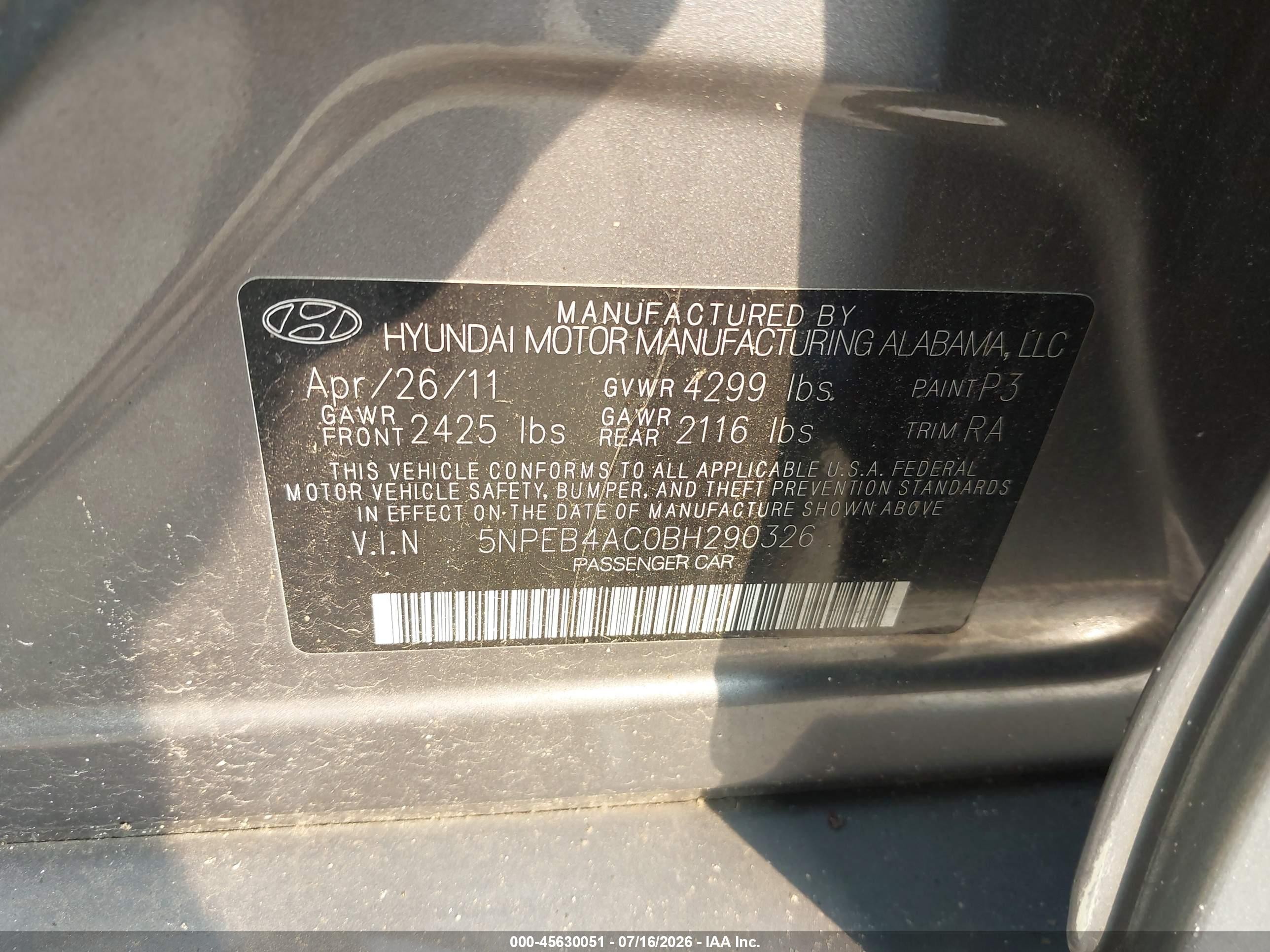 2011 Hyundai Sonata Gls Gray vin: 5NPEB4AC0BH290326